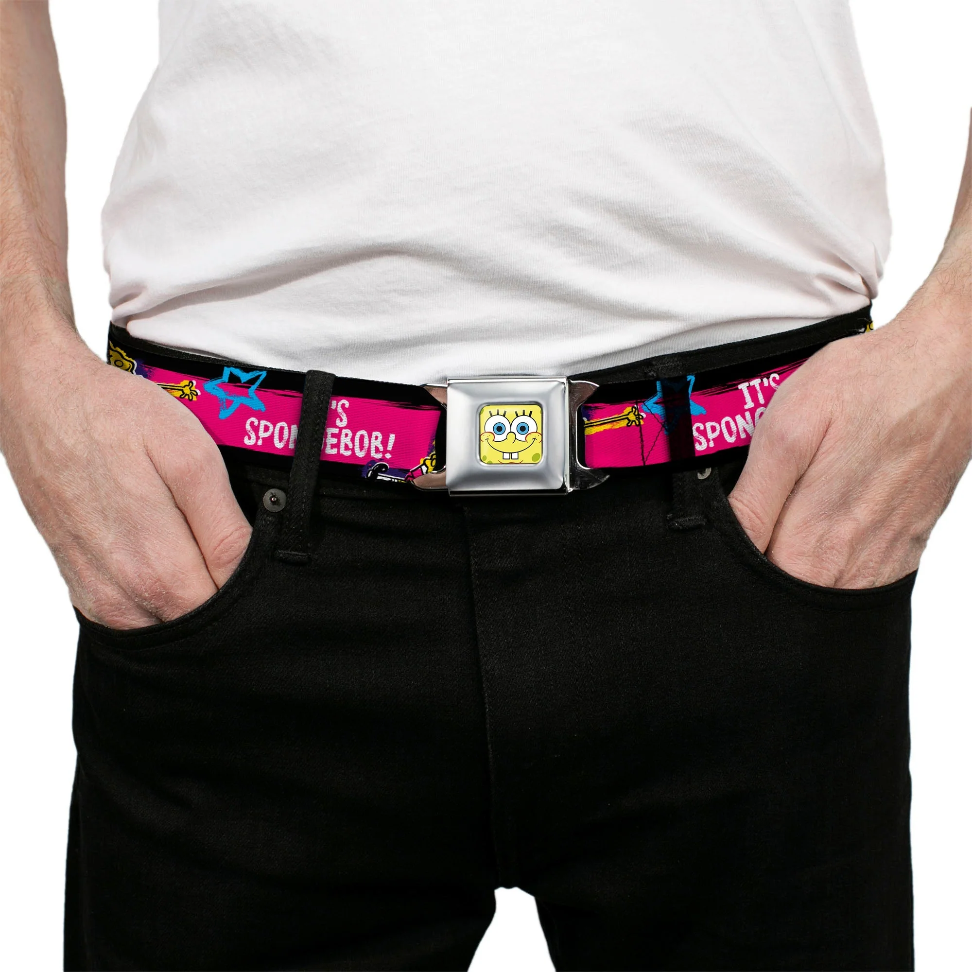 SpongeBob SquarePants Seatbelt Belt Face Close-Up Full Color Stripe Black/Pink/Blue/White - Image 3