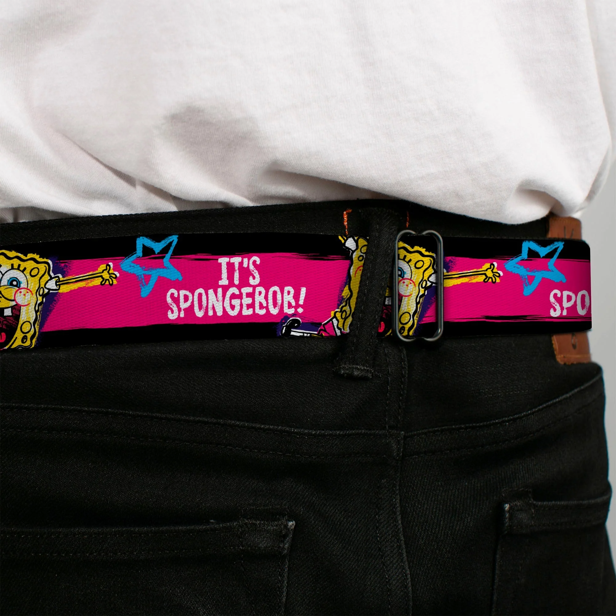 SpongeBob SquarePants Seatbelt Belt Face Close-Up Full Color Stripe Black/Pink/Blue/White - Image 4
