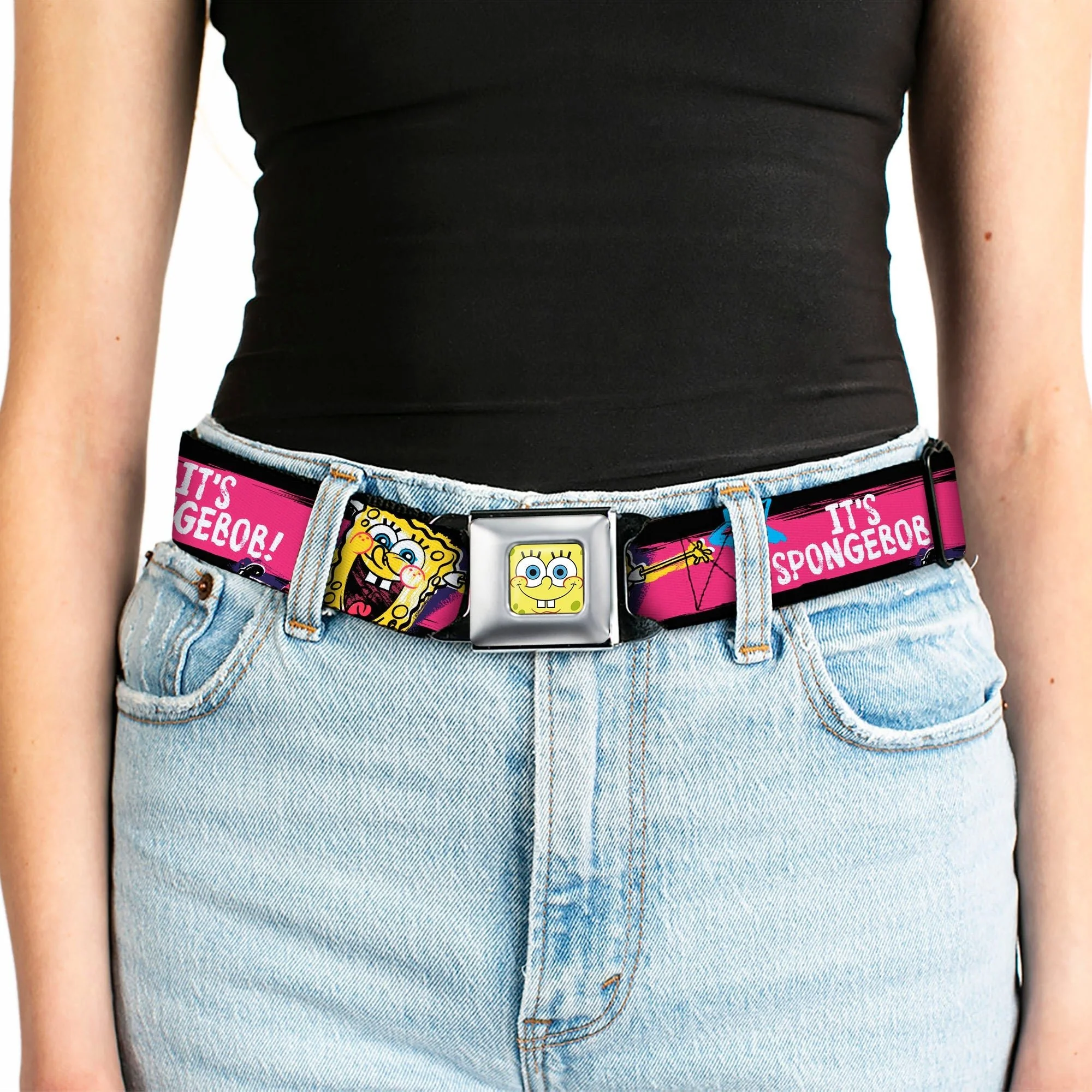 SpongeBob SquarePants Seatbelt Belt Face Close-Up Full Color Stripe Black/Pink/Blue/White - Image 5