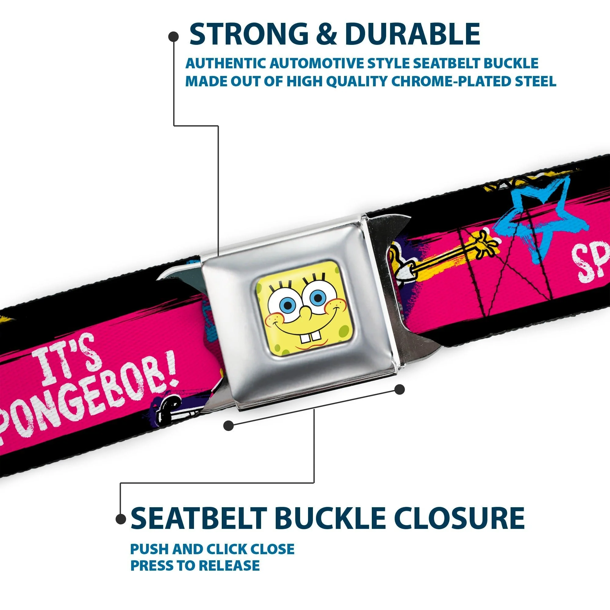 SpongeBob SquarePants Seatbelt Belt Face Close-Up Full Color Stripe Black/Pink/Blue/White - Image 7