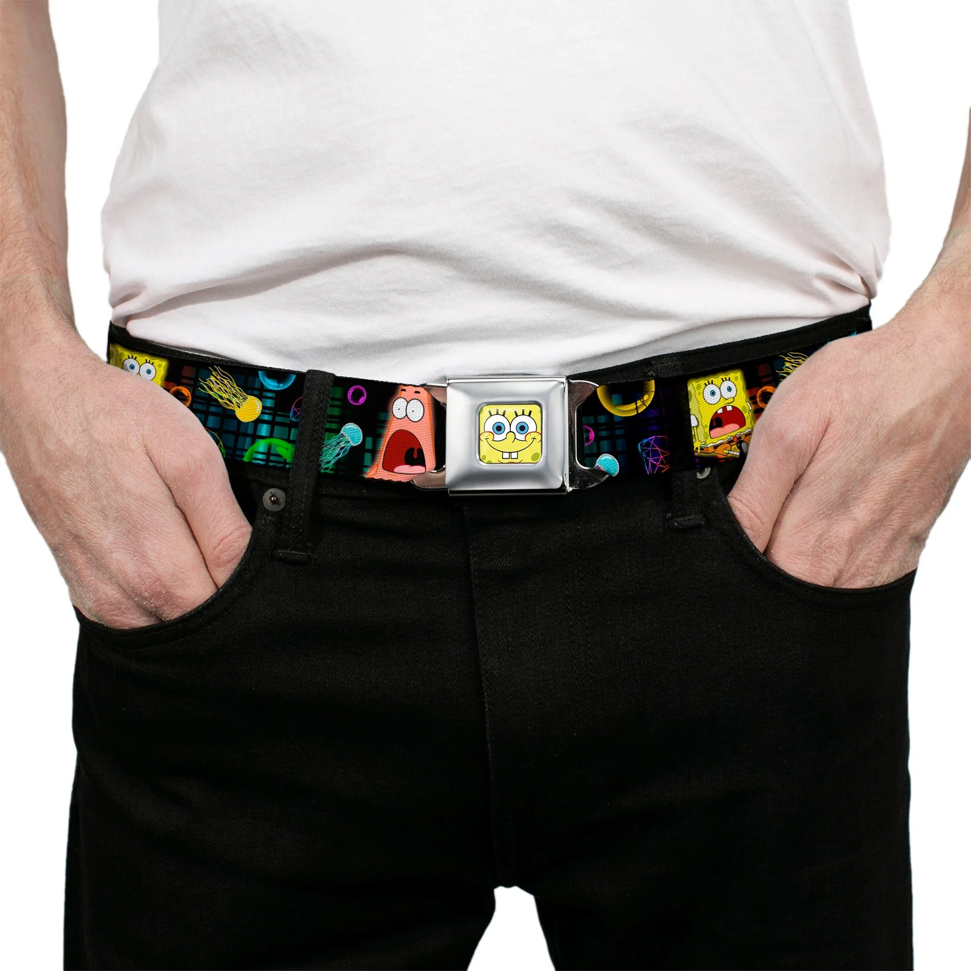 SpongeBob SquarePants Seatbelt Belt Surprised Face Close-Up Full Color Black Multi-Color - Image 3