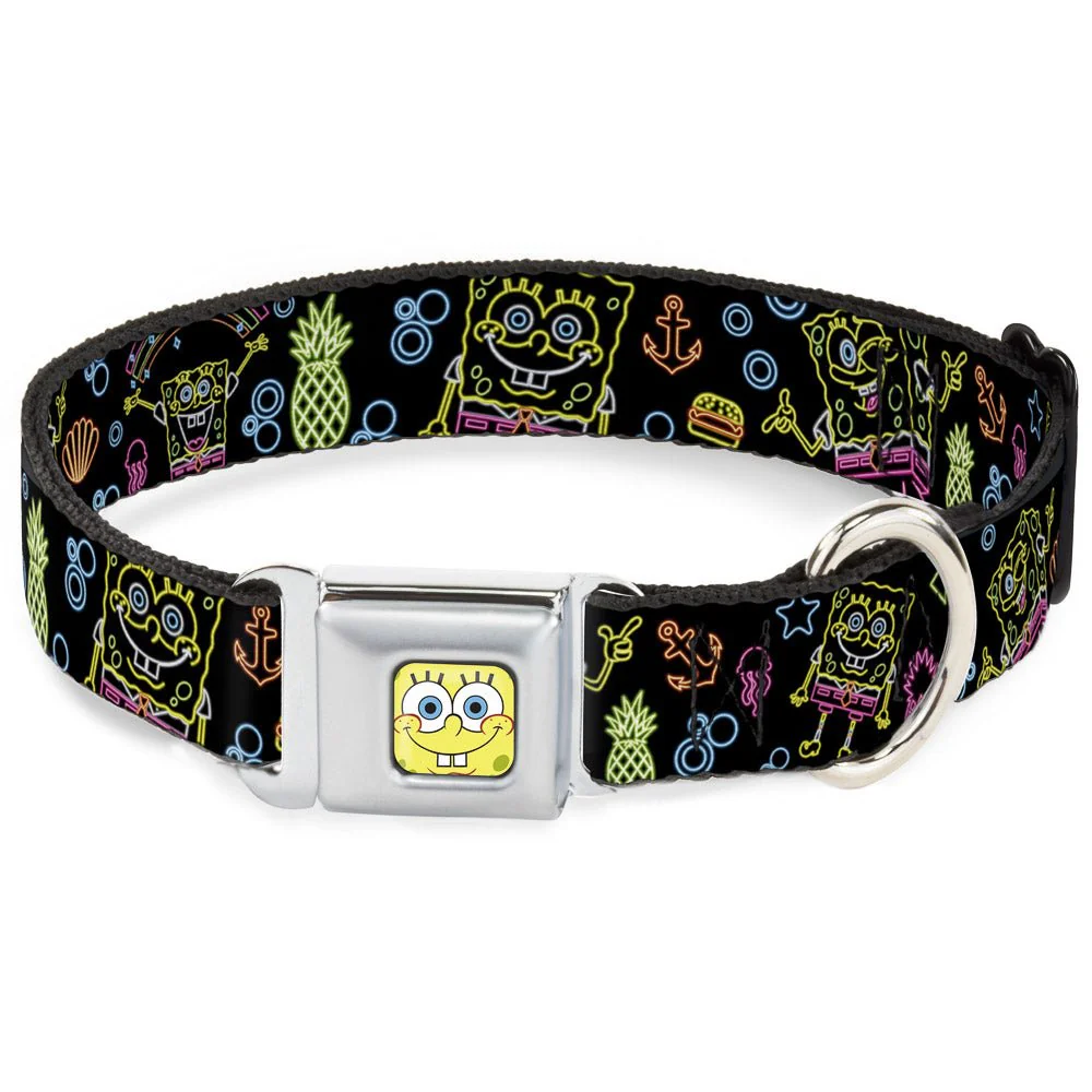 SpongeBob SquarePants Dog Collar Face Close-Up & Electric Poses Miniature Seatbelt Buckle Black Multi
