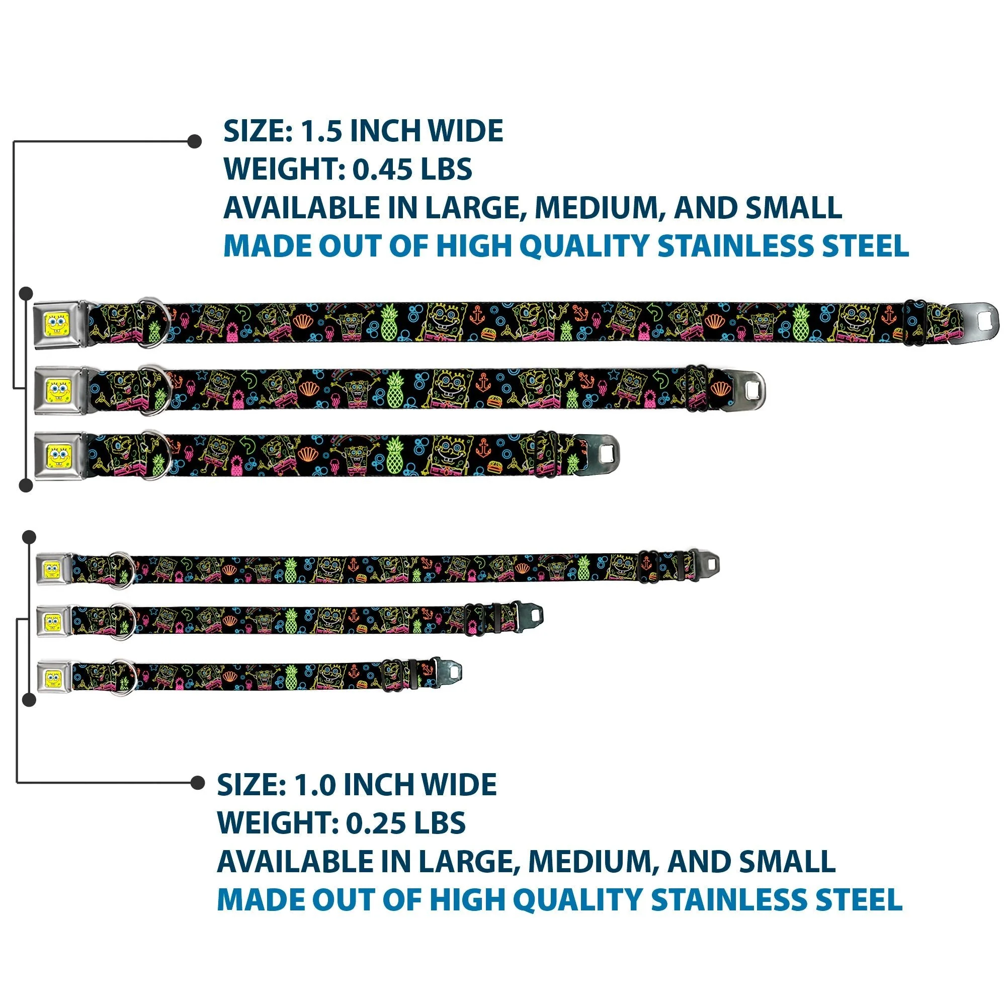 SpongeBob SquarePants Dog Collar Face Close-Up & Electric Poses Miniature Seatbelt Buckle Black Multi - Image 3