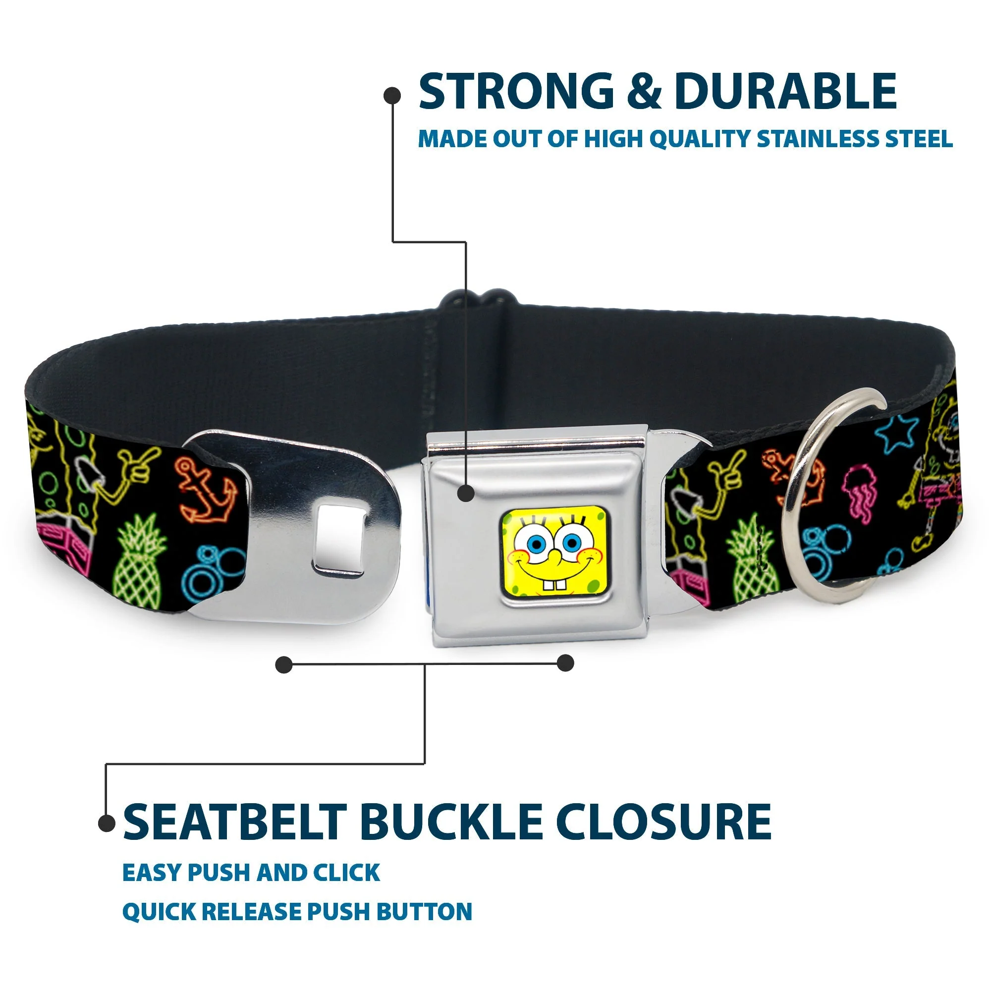 SpongeBob SquarePants Dog Collar Face Close-Up & Electric Poses Miniature Seatbelt Buckle Black Multi - Image 4