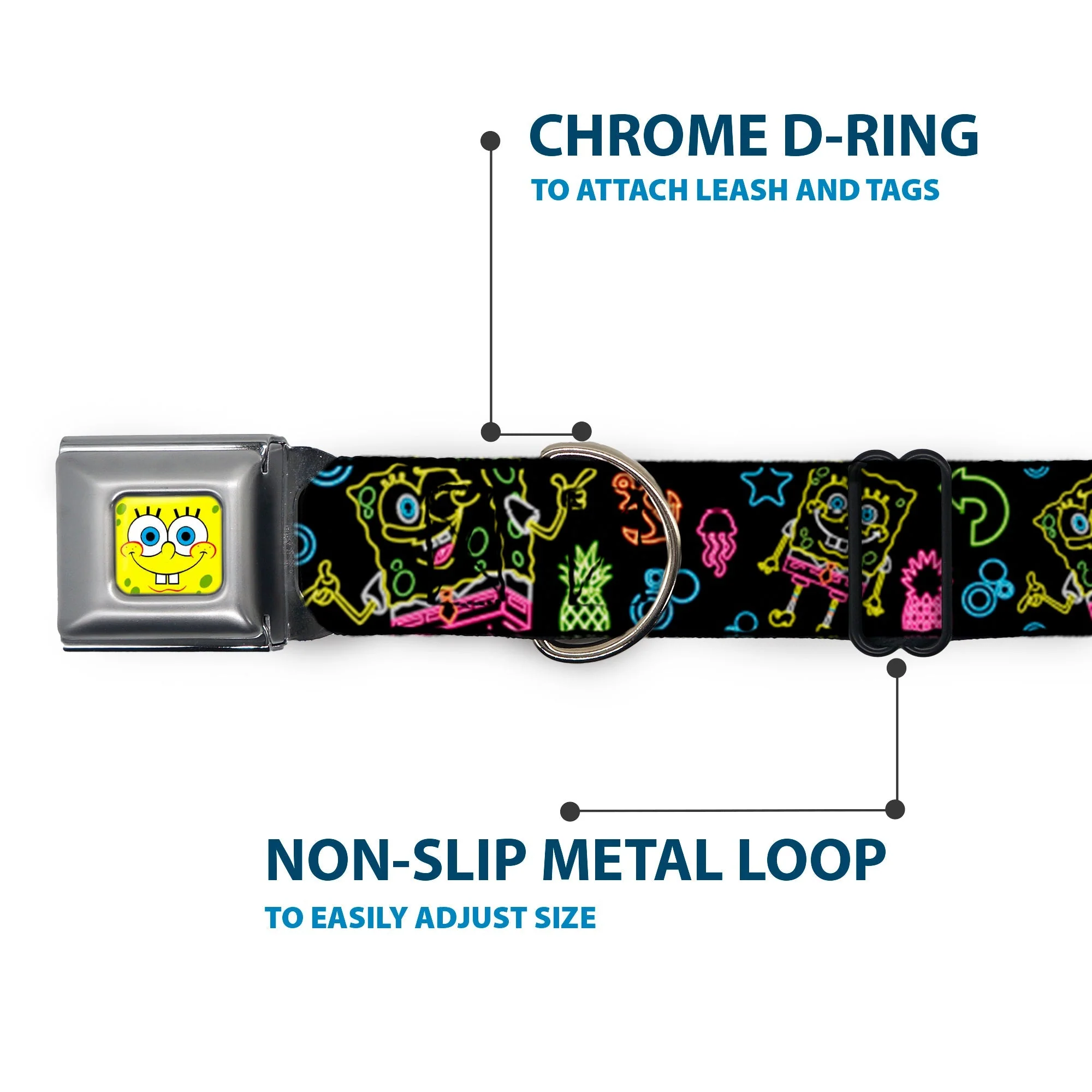 SpongeBob SquarePants Dog Collar Face Close-Up & Electric Poses Miniature Seatbelt Buckle Black Multi - Image 5