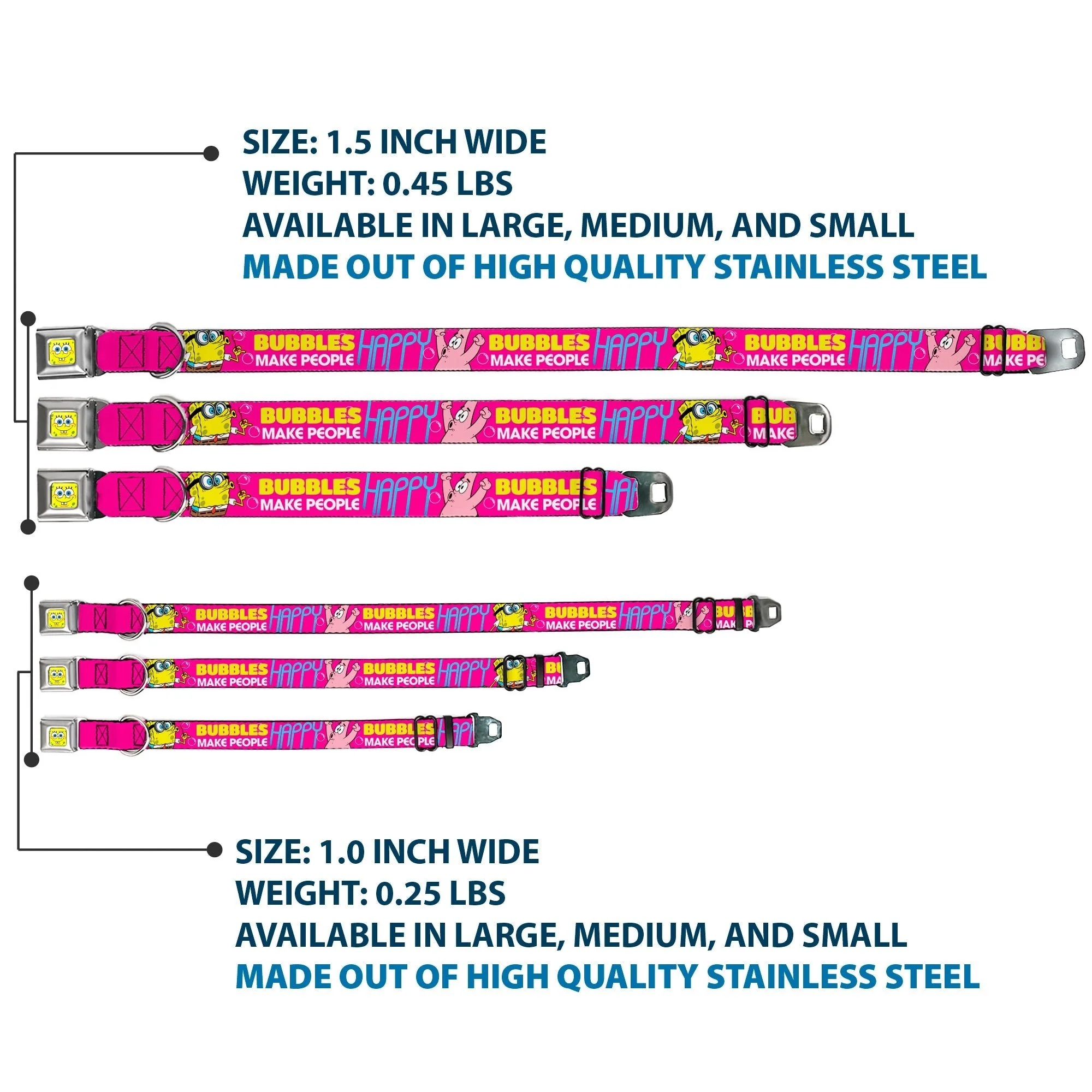 SpongeBob SquarePants Dog Collar SpongeBob Face Patrick Pose Bubbles Design Seatbelt Buckle Pink Yellow Blue - Image 3