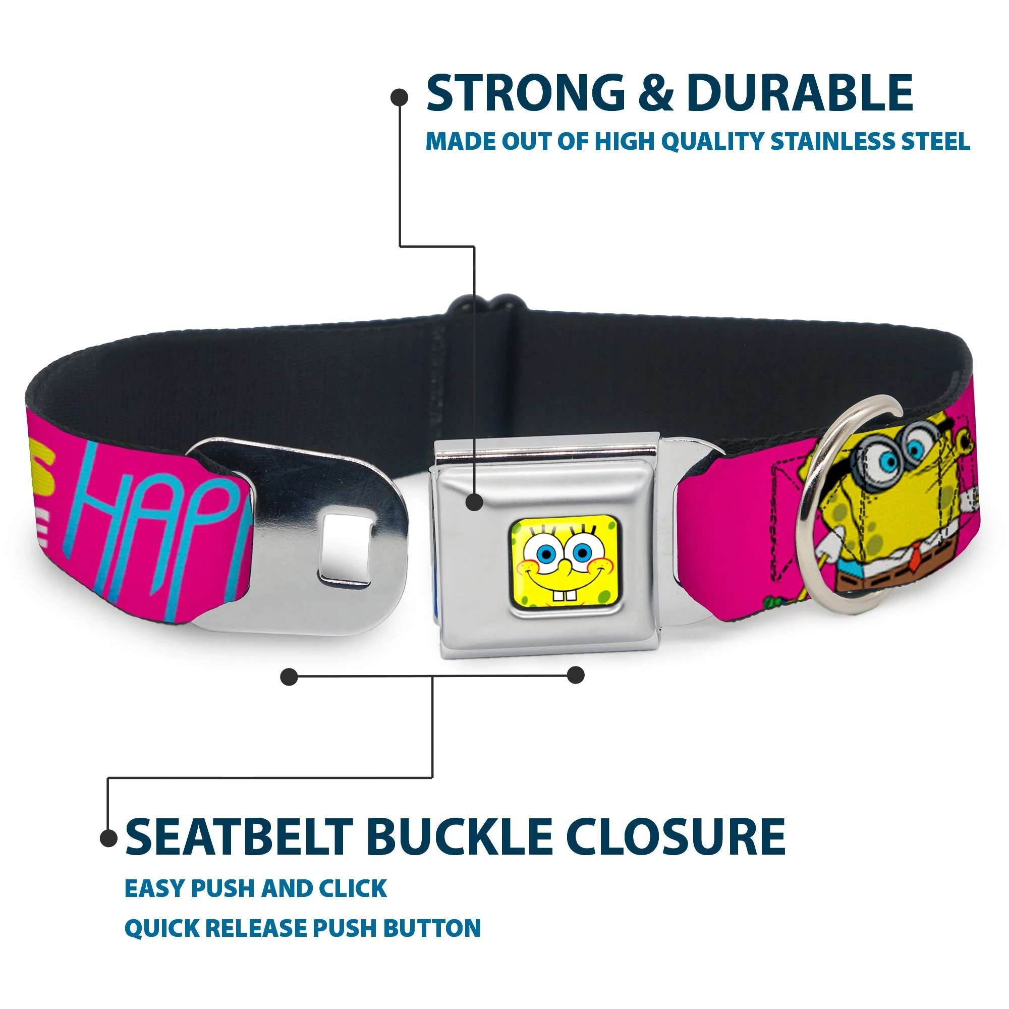 SpongeBob SquarePants Dog Collar SpongeBob Face Patrick Pose Bubbles Design Seatbelt Buckle Pink Yellow Blue - Image 4