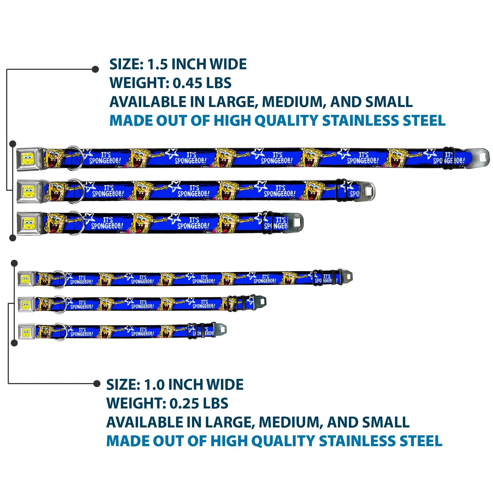 SpongeBob SquarePants Dog Collar Face Close-Up Seatbelt Buckle Black/Blue/White Stripe - Image 3