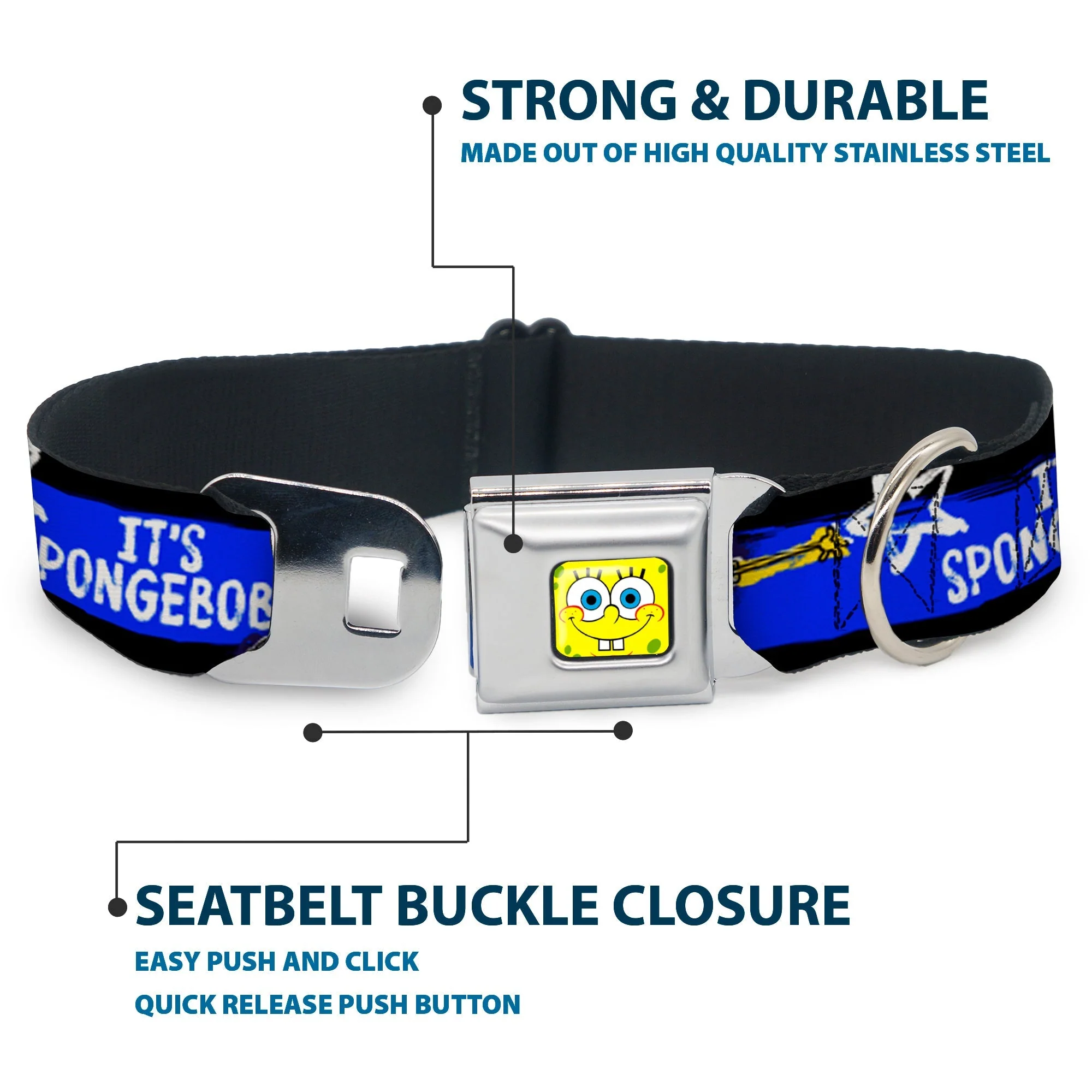 SpongeBob SquarePants Dog Collar Face Close-Up Seatbelt Buckle Black/Blue/White Stripe - Image 4