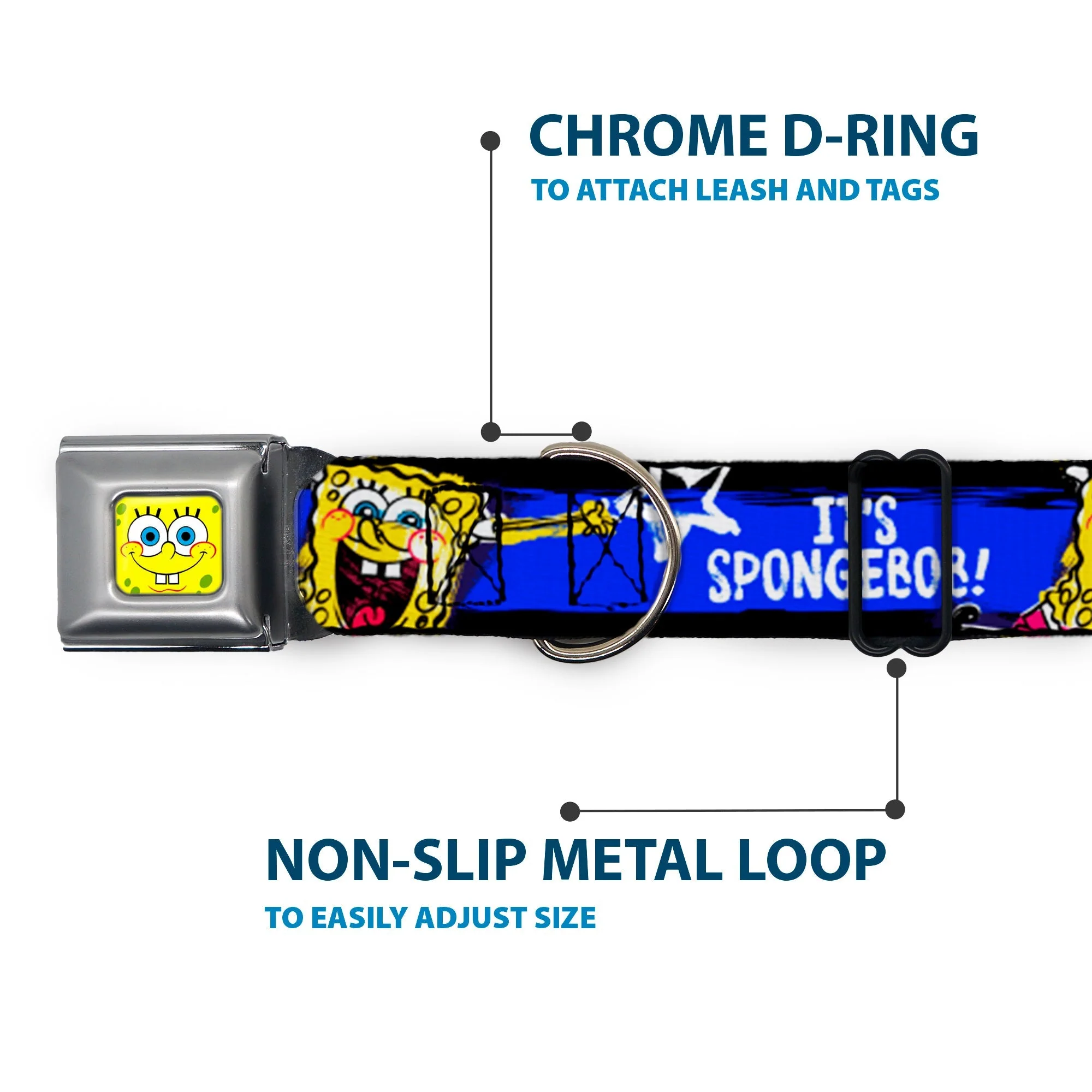 SpongeBob SquarePants Dog Collar Face Close-Up Seatbelt Buckle Black/Blue/White Stripe - Image 5