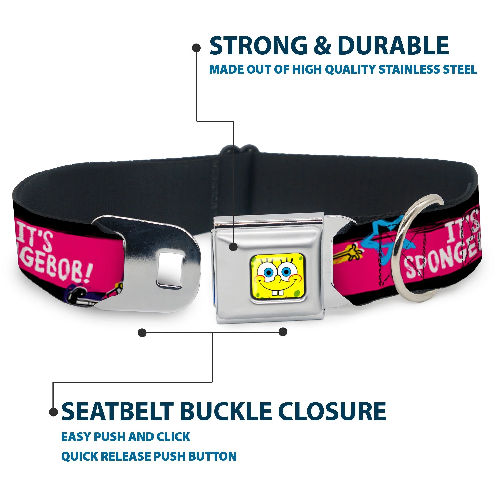 SpongeBob Dog Collar SpongeBob Face Close-Up Design Multi-Color Stripe Seatbelt Buckle - Image 4