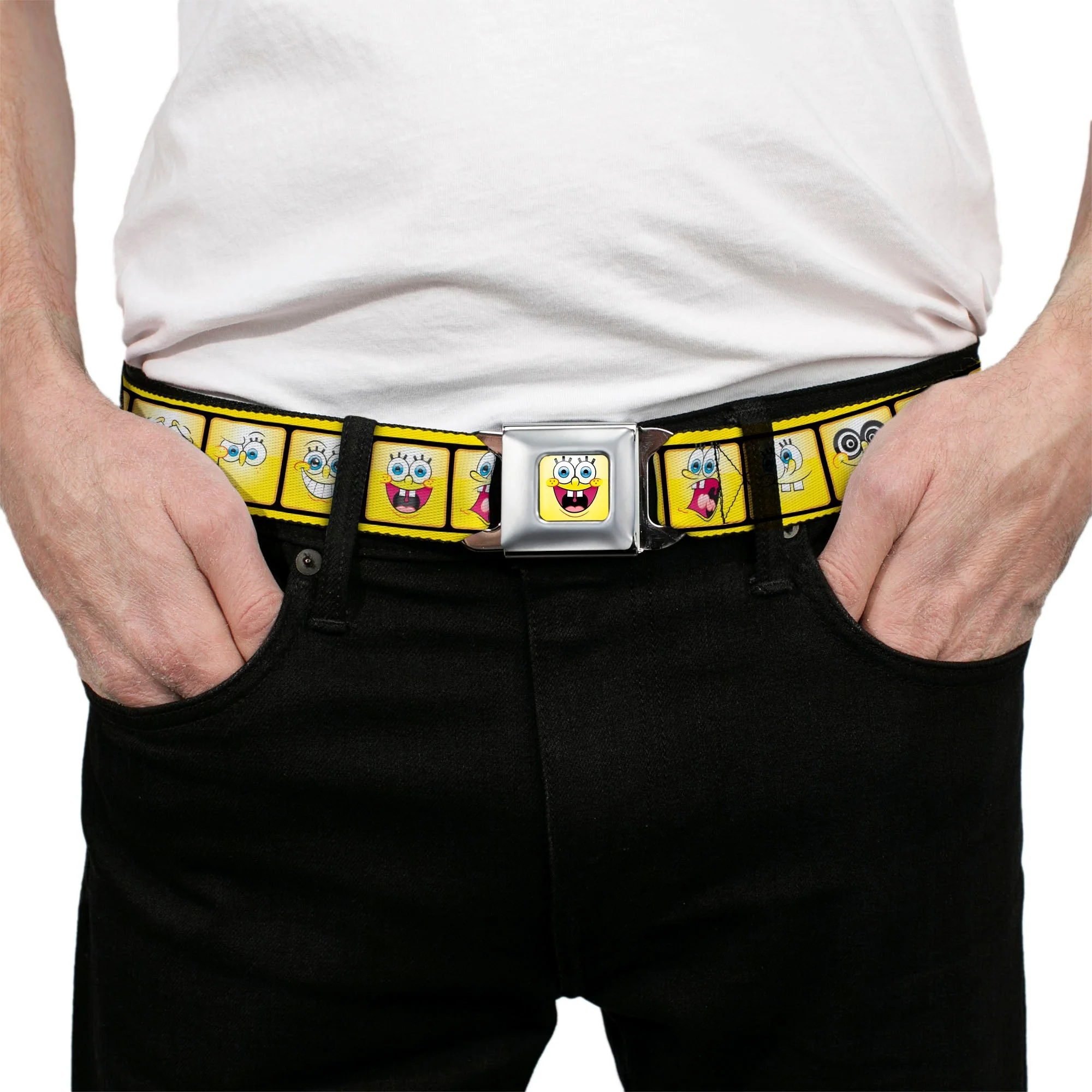 SpongeBob Seatbelt Belt Open Mouth Smile Full Color 10-Expressions Filmstrip Yellows/Black/White Webbing - Image 3