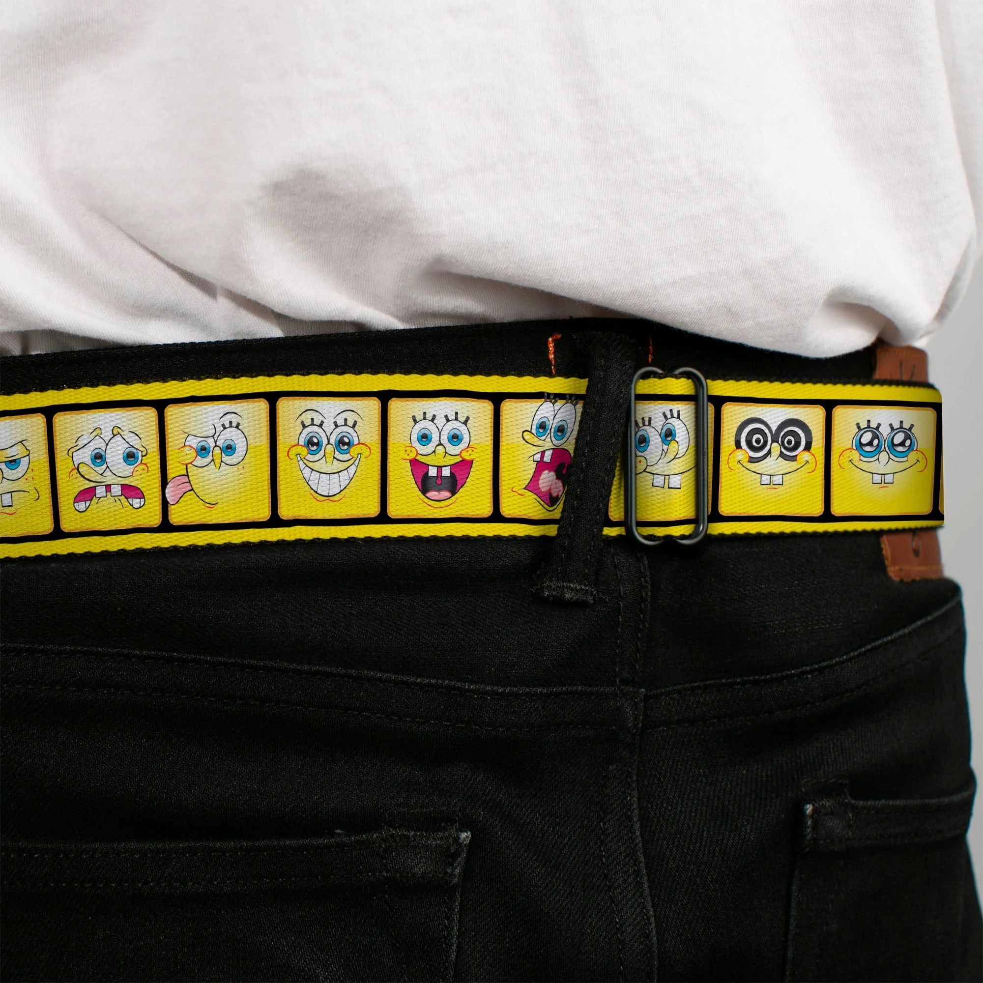 SpongeBob Seatbelt Belt Open Mouth Smile Full Color 10-Expressions Filmstrip Yellows/Black/White Webbing - Image 4