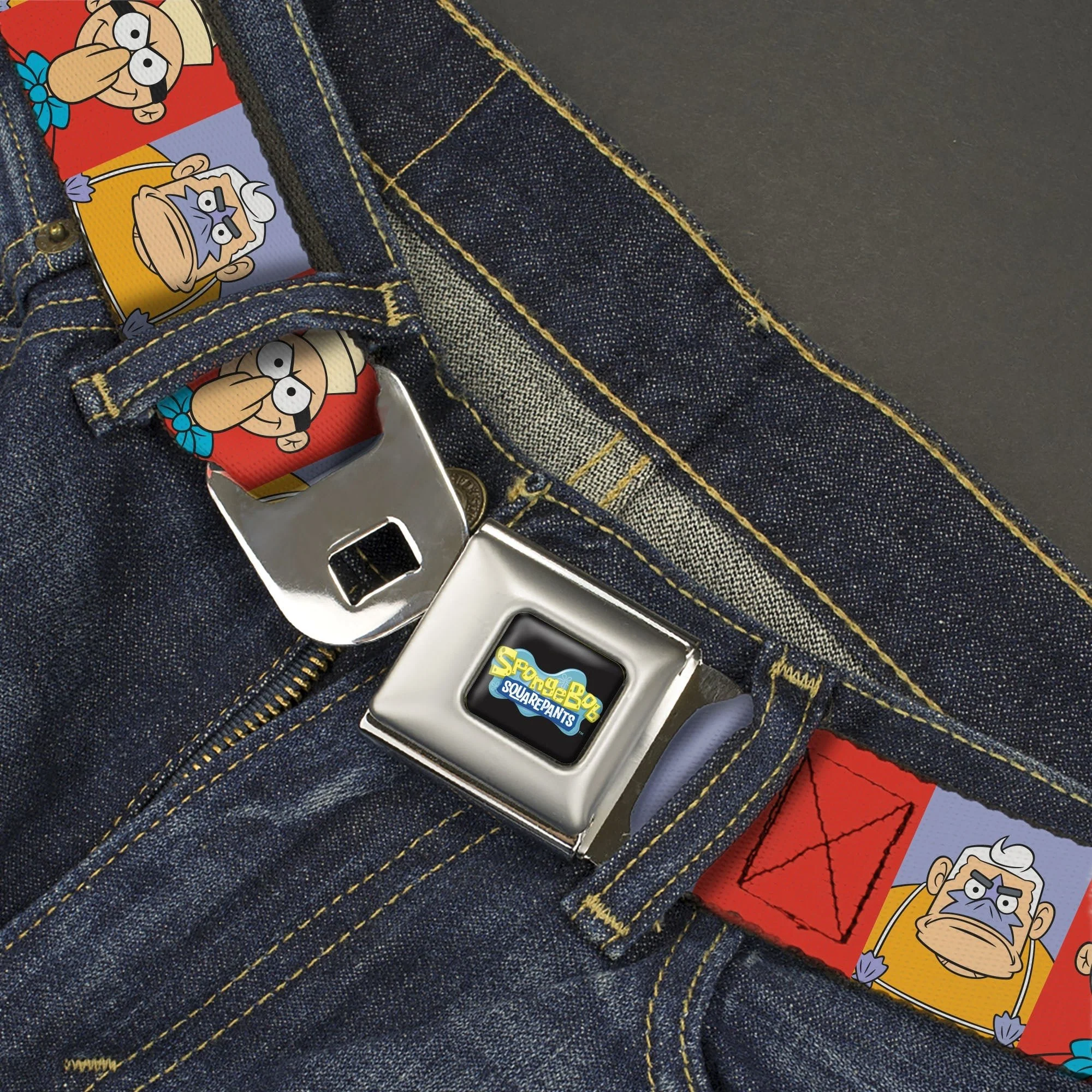 SpongeBob SquarePants Seatbelt Belt Barnacle Boy Mermaid Man Pose Blocks Full Color Red/Blue - Image 2