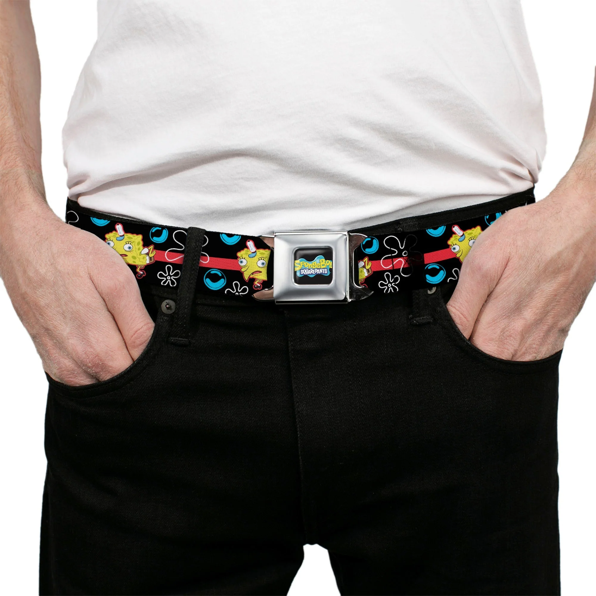 SpongeBob SquarePants Seatbelt Belt Mocking Pose Bubbles Stripe Full Color Black Blue Red - Image 3