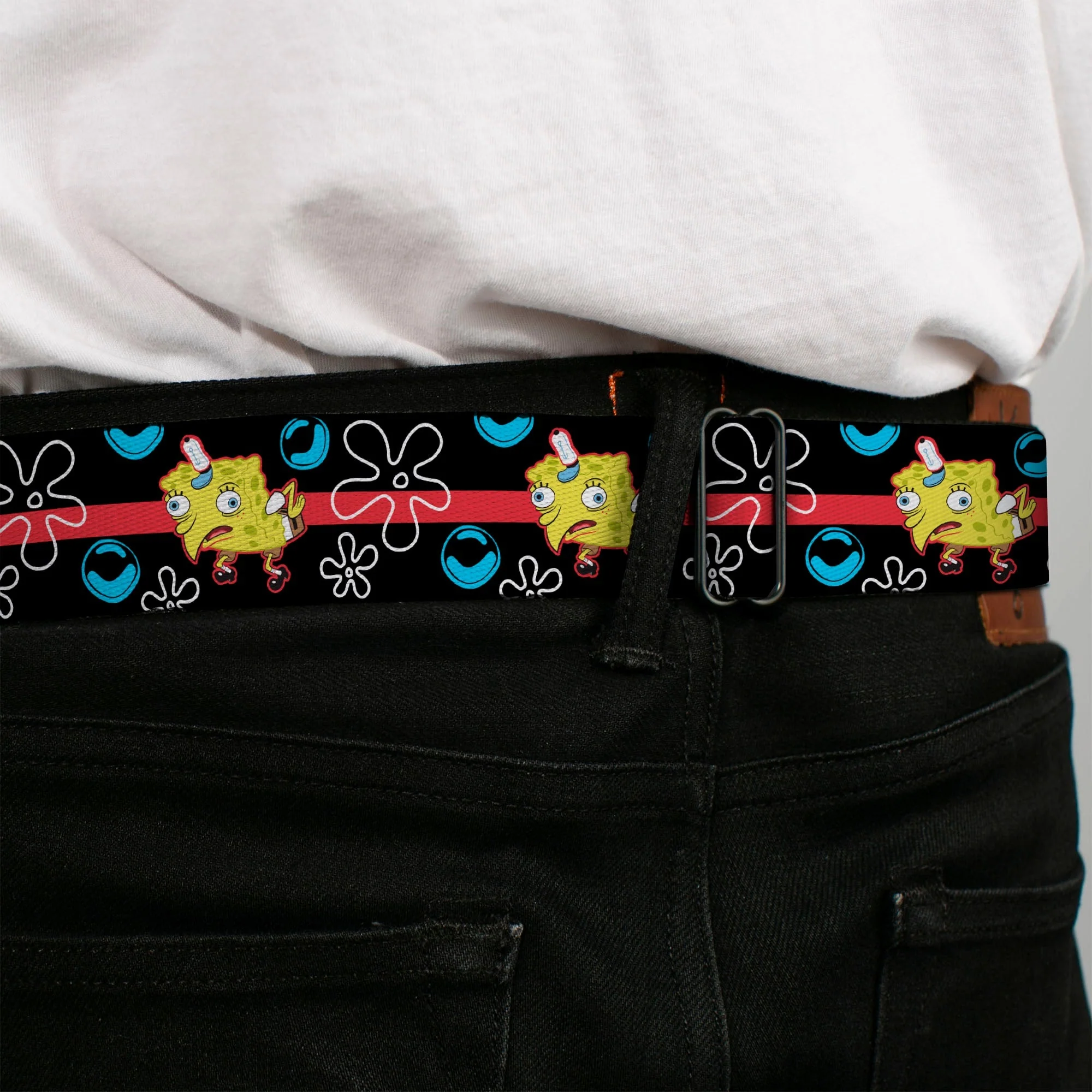 SpongeBob SquarePants Seatbelt Belt Mocking Pose Bubbles Stripe Full Color Black Blue Red - Image 4