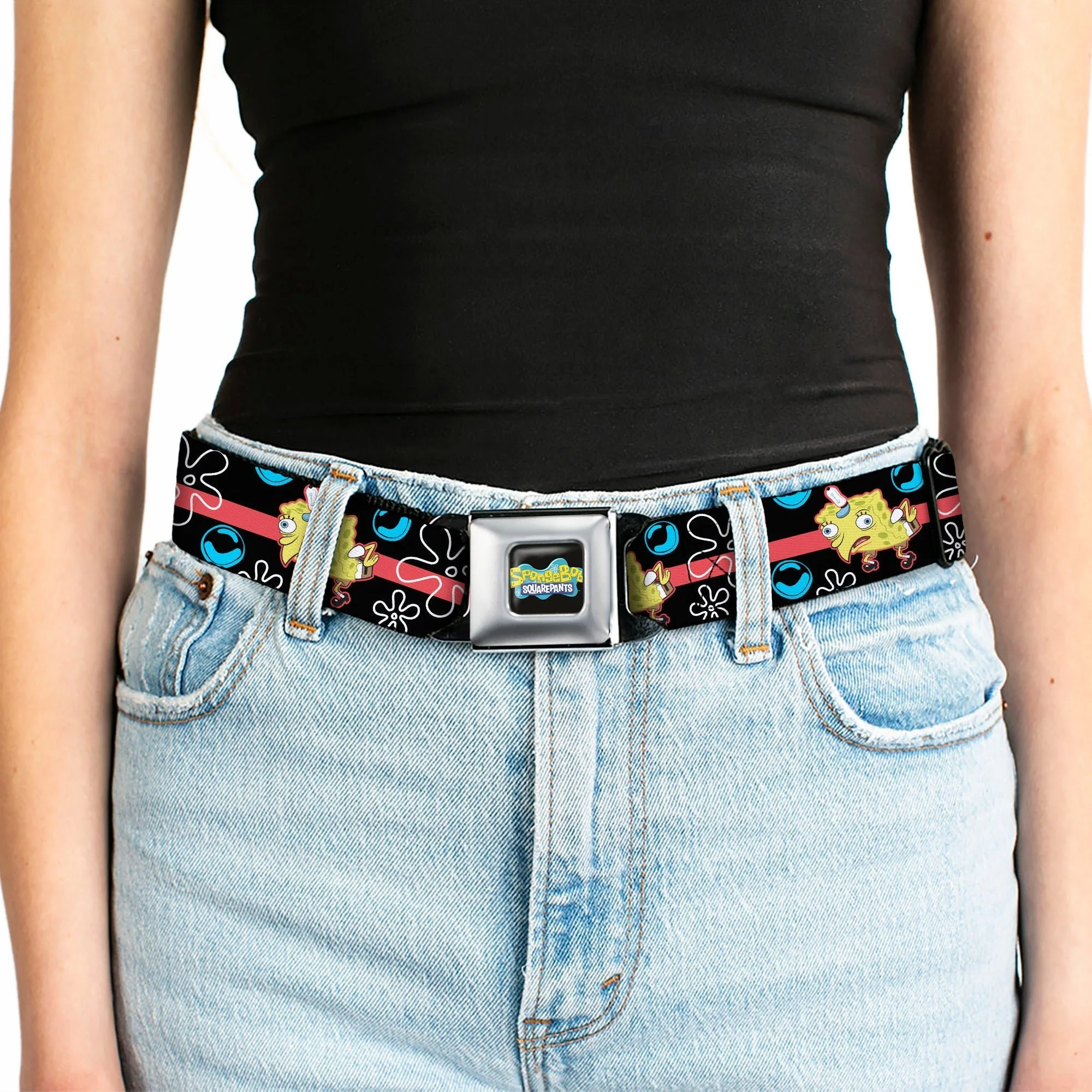SpongeBob SquarePants Seatbelt Belt Mocking Pose Bubbles Stripe Full Color Black Blue Red - Image 5