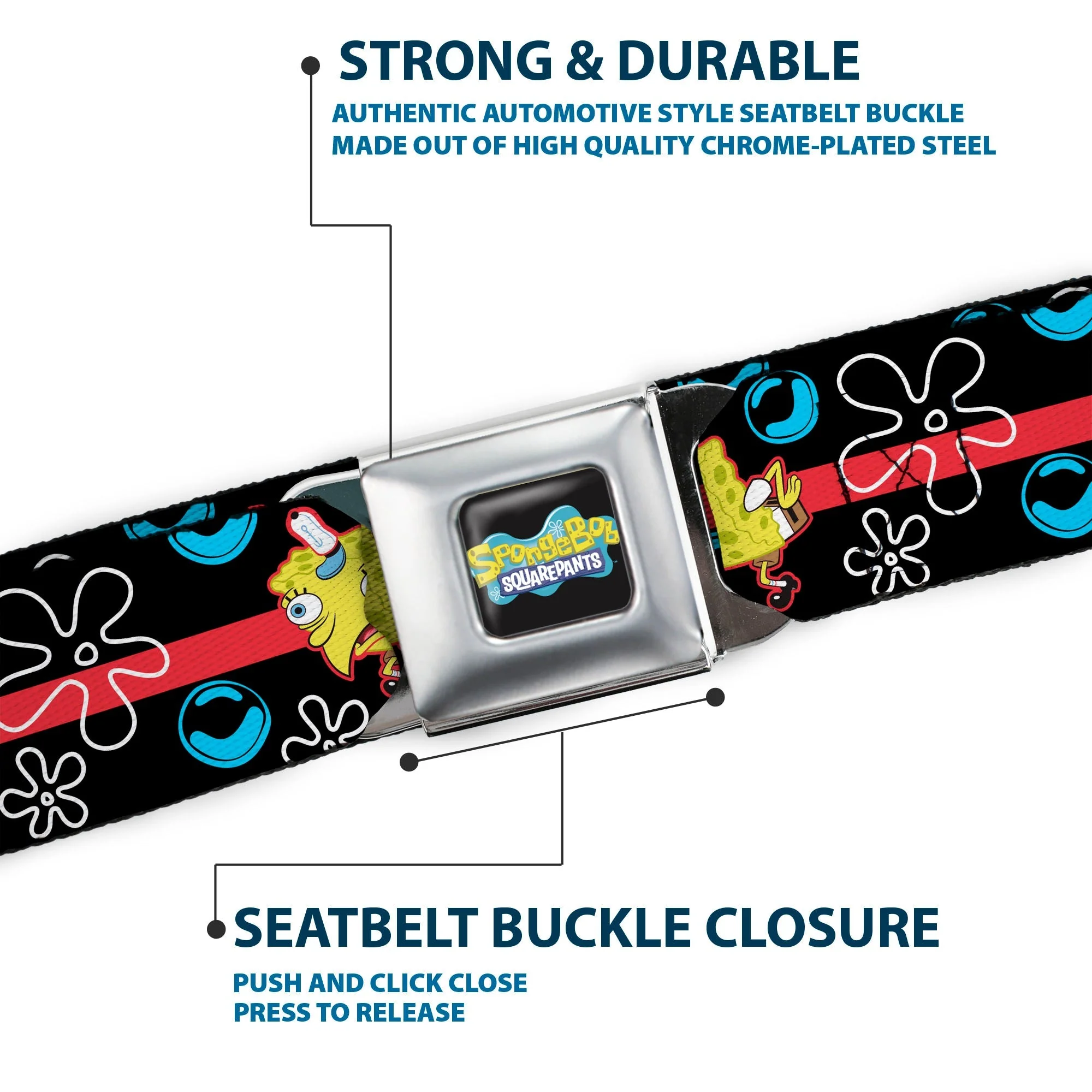 SpongeBob SquarePants Seatbelt Belt Mocking Pose Bubbles Stripe Full Color Black Blue Red - Image 7