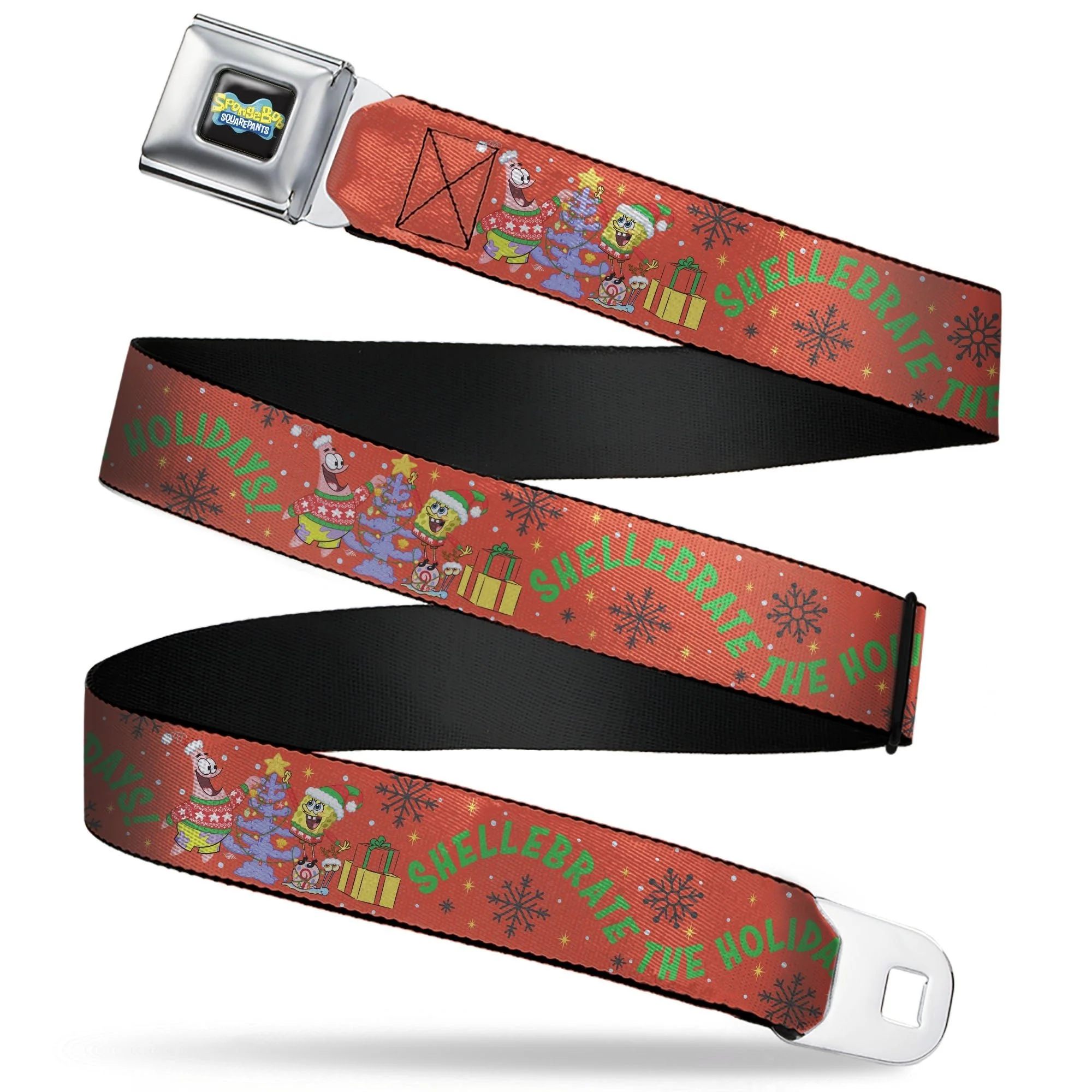 SpongeBob SquarePants Seatbelt Belt Full Color SpongeBob and Patrick Star SHELLEBRATE HOLIDAYS! Pose Black/Blues with Red Webbing