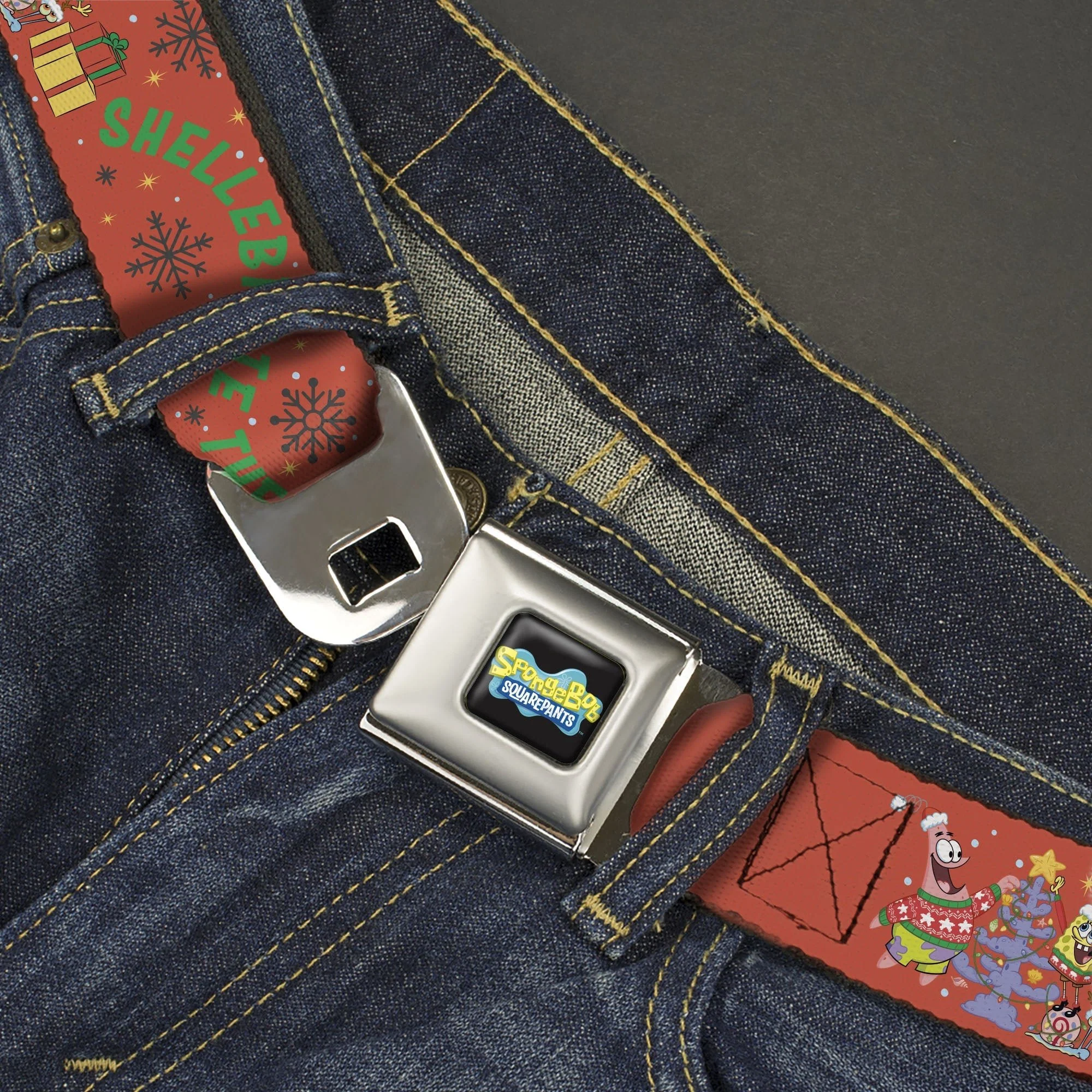 SpongeBob SquarePants Seatbelt Belt Full Color SpongeBob and Patrick Star SHELLEBRATE HOLIDAYS! Pose Black/Blues with Red Webbing - Image 2