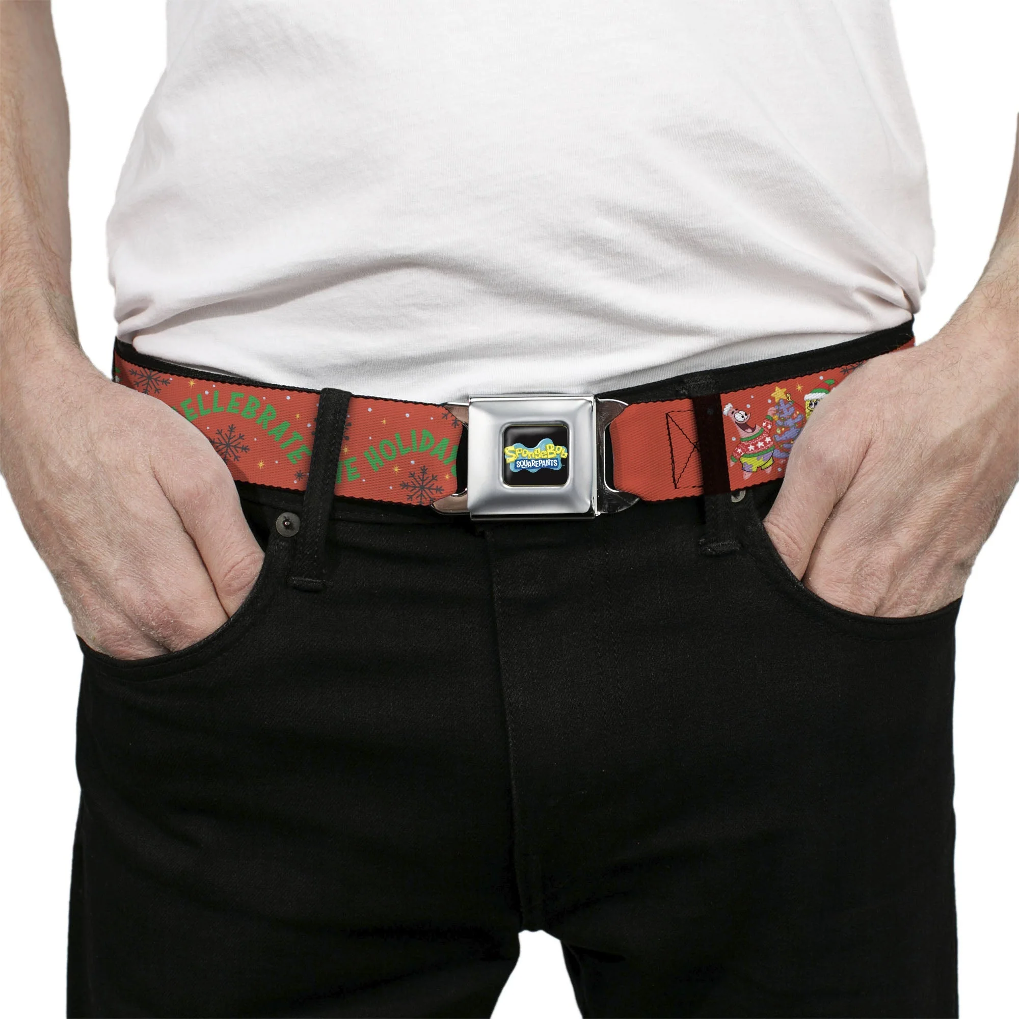 SpongeBob SquarePants Seatbelt Belt Full Color SpongeBob and Patrick Star SHELLEBRATE HOLIDAYS! Pose Black/Blues with Red Webbing - Image 3