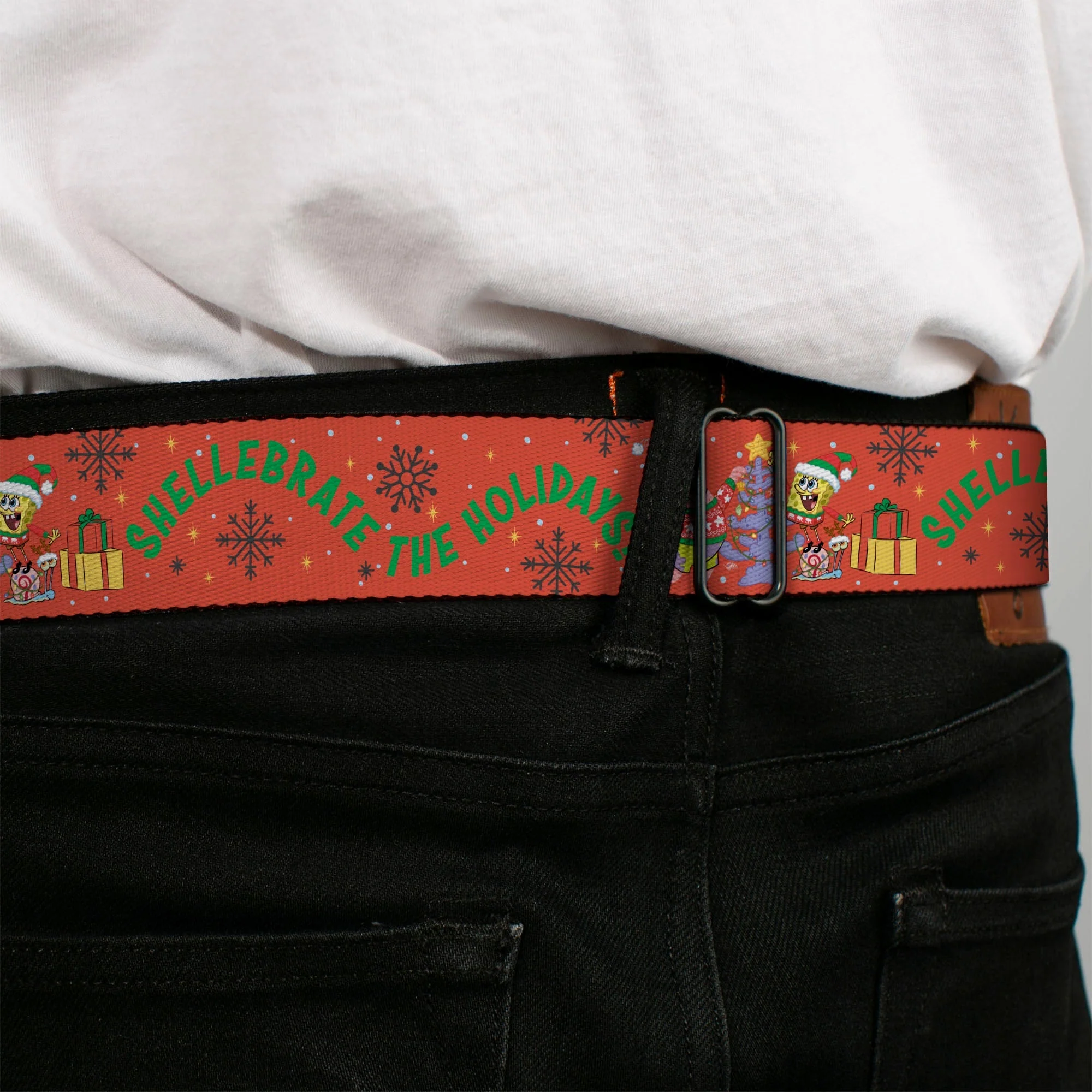 SpongeBob SquarePants Seatbelt Belt Full Color SpongeBob and Patrick Star SHELLEBRATE HOLIDAYS! Pose Black/Blues with Red Webbing - Image 4