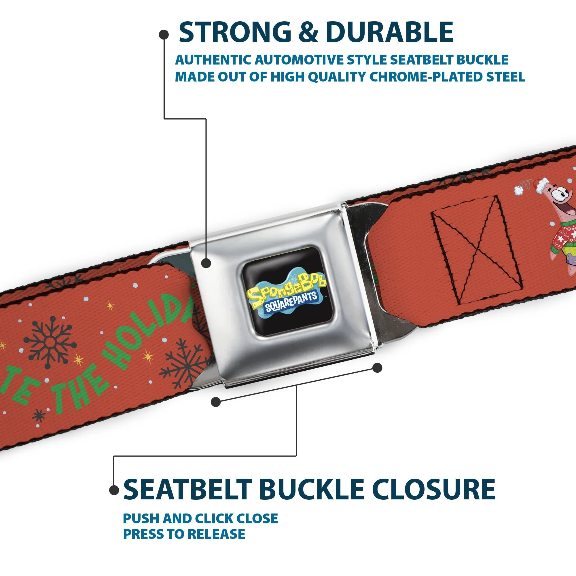 SpongeBob SquarePants Seatbelt Belt Full Color SpongeBob and Patrick Star SHELLEBRATE HOLIDAYS! Pose Black/Blues with Red Webbing - Image 7