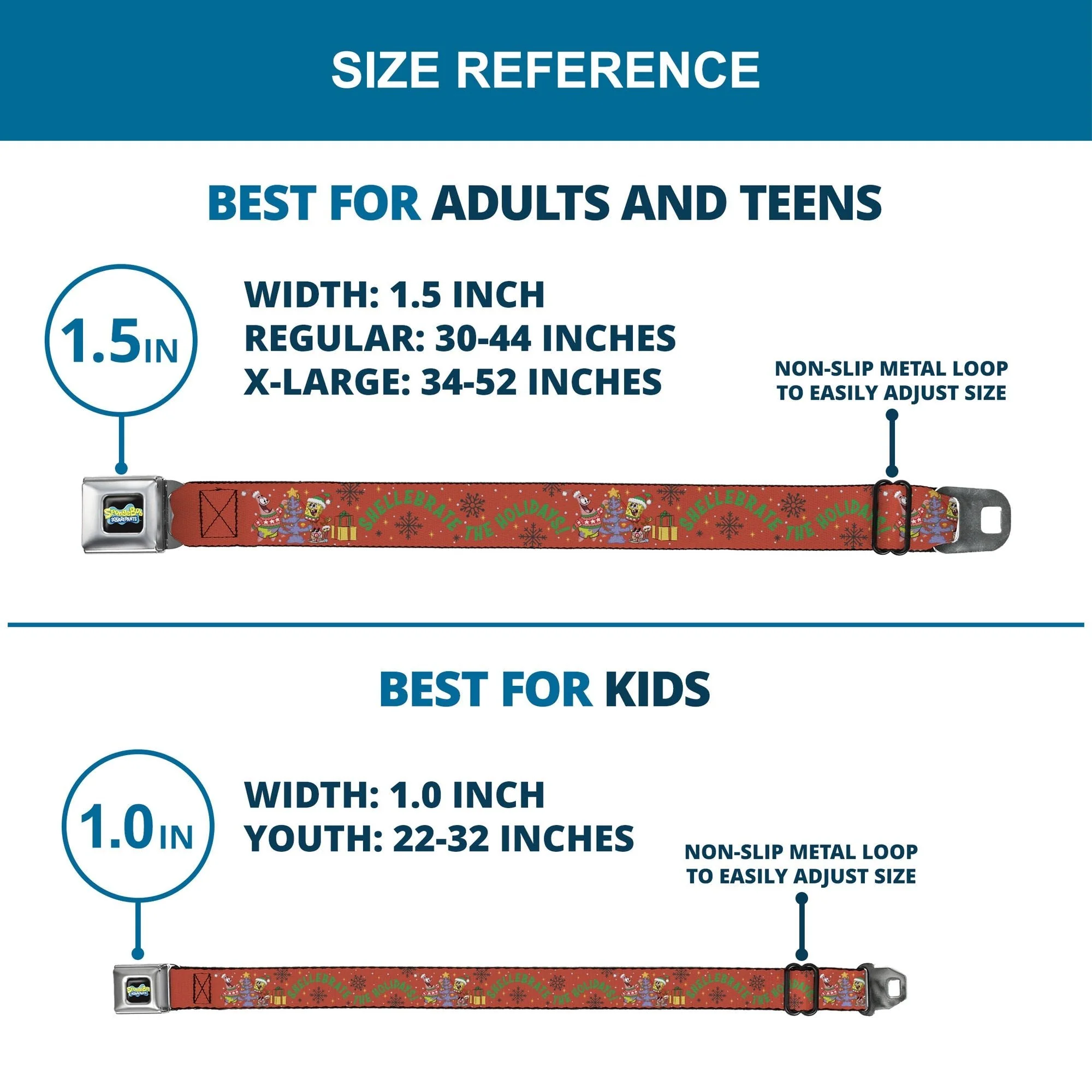 SpongeBob SquarePants Seatbelt Belt Full Color SpongeBob and Patrick Star SHELLEBRATE HOLIDAYS! Pose Black/Blues with Red Webbing - Image 8