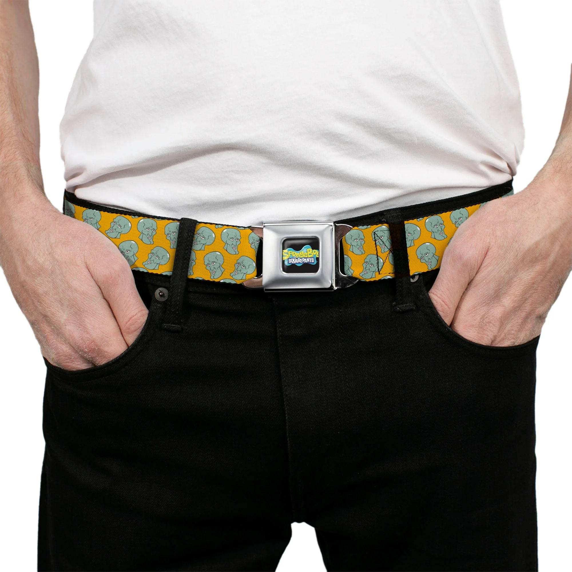 SpongeBob SquarePants Seatbelt Belt Black/Blues Logo Handsome Squidward Face Orange Webbing - Image 3