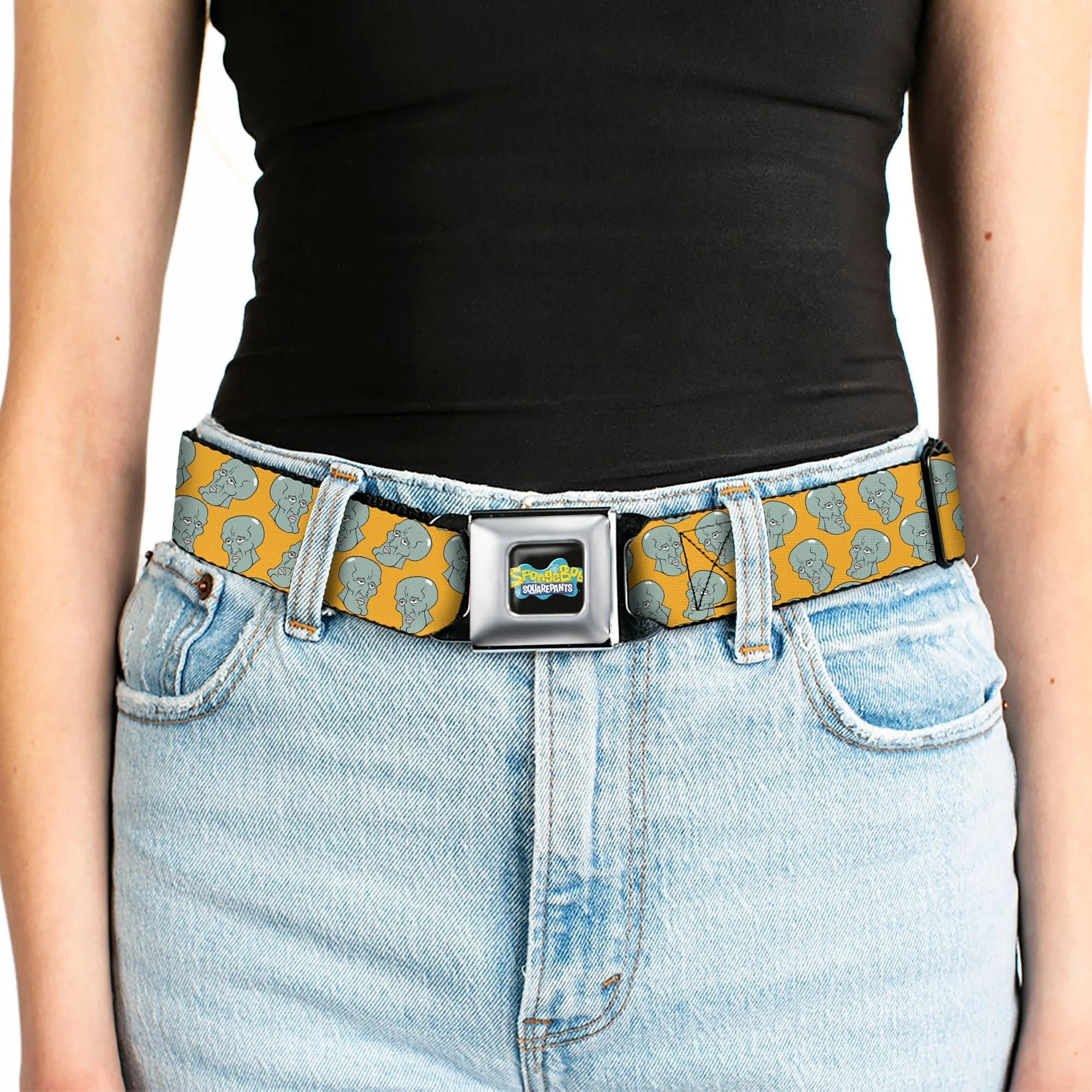 SpongeBob SquarePants Seatbelt Belt Black/Blues Logo Handsome Squidward Face Orange Webbing - Image 5