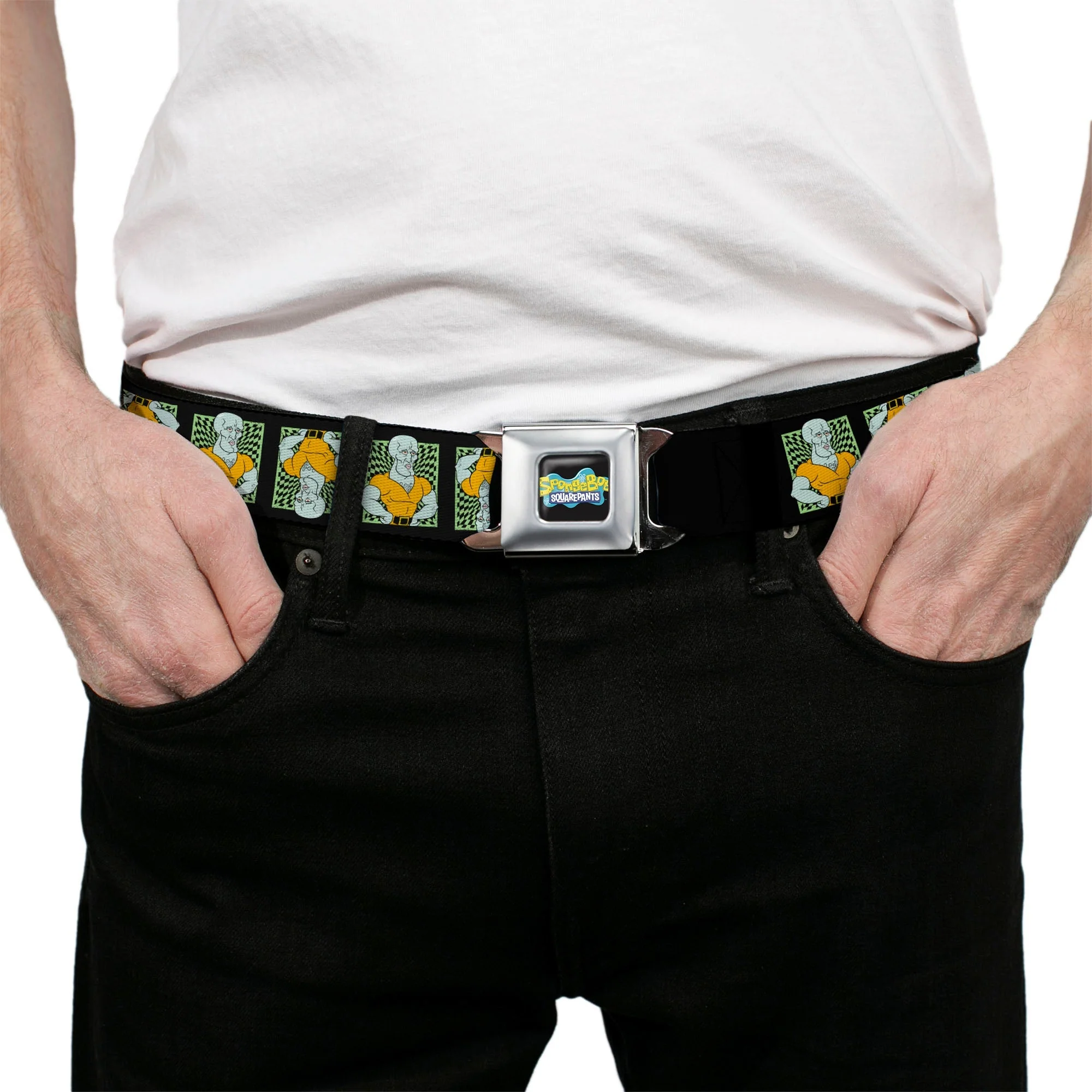 SpongeBob SquarePants Seatbelt Belt Handsome Squidward Pose Blocks Flip Black Green Webbing - Image 3