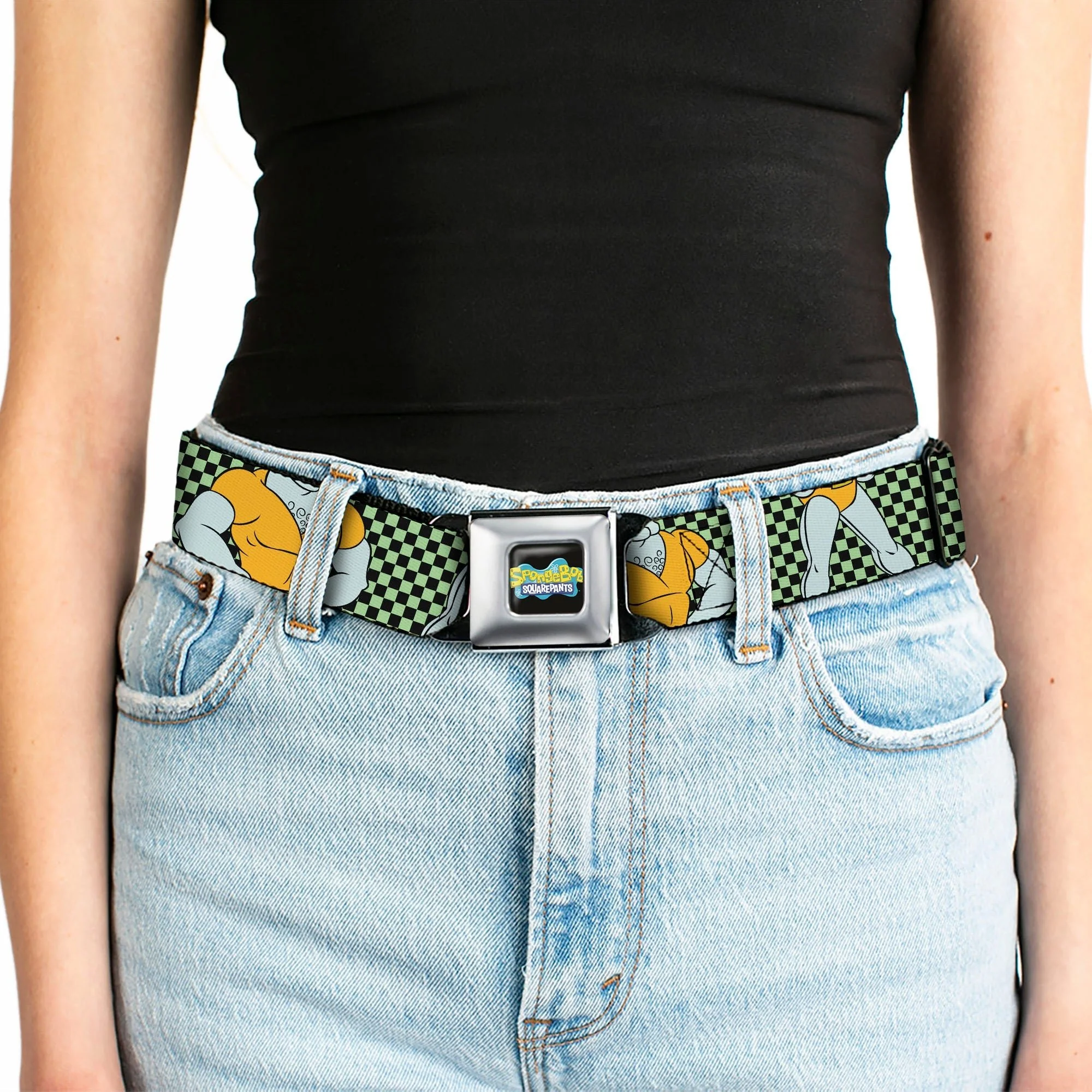 SpongeBob SquarePants Seatbelt Belt Handsome Squidward Pose Checker Full Color Black Green - Image 5