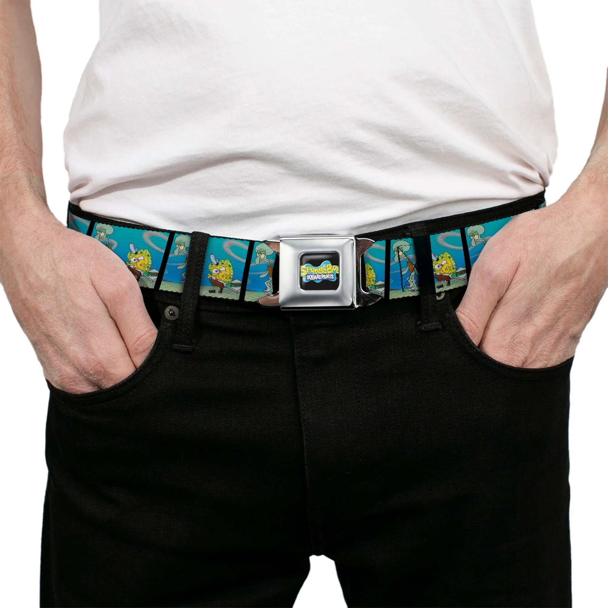 SpongeBob SquarePants Seatbelt Belt SpongeBob & Squidward Pizza Scene Black/Blue - Image 3