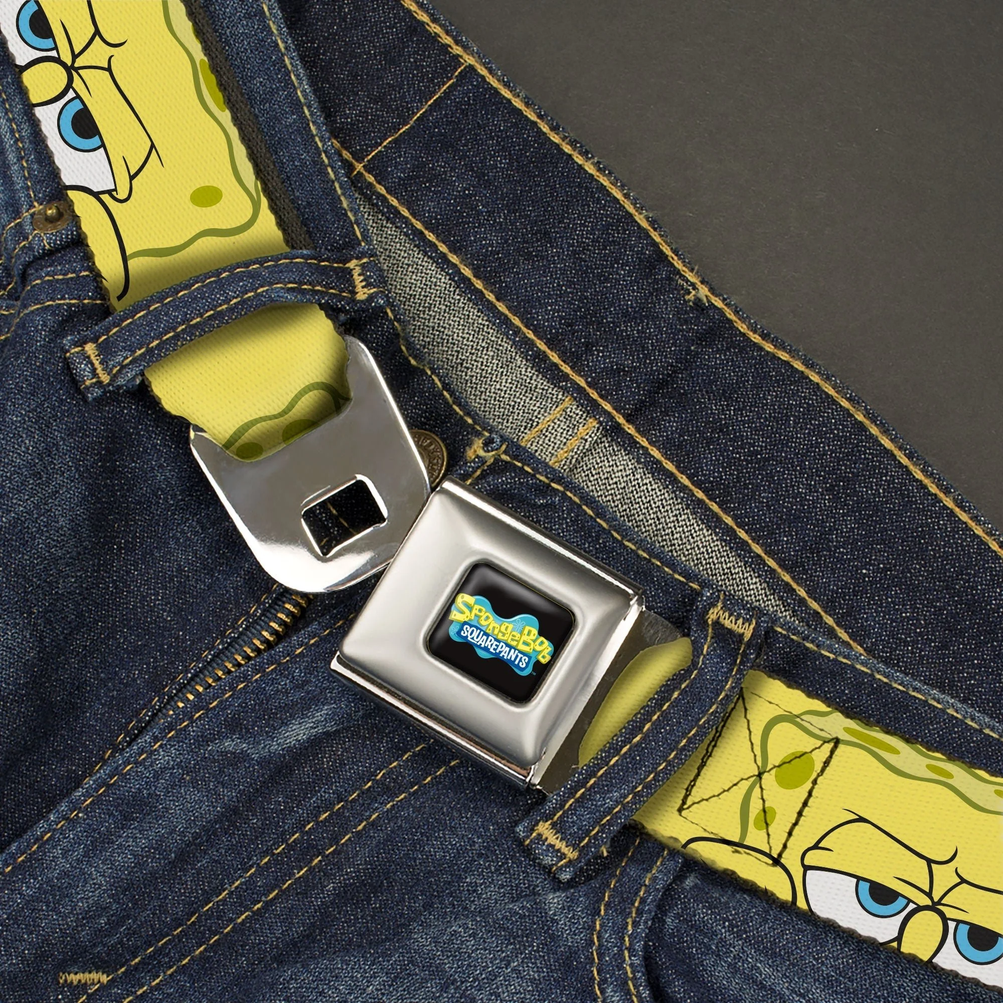 SpongeBob SquarePants Seatbelt Belt Logo Close-Up Face Yellow Webbing Black Blues - Image 2