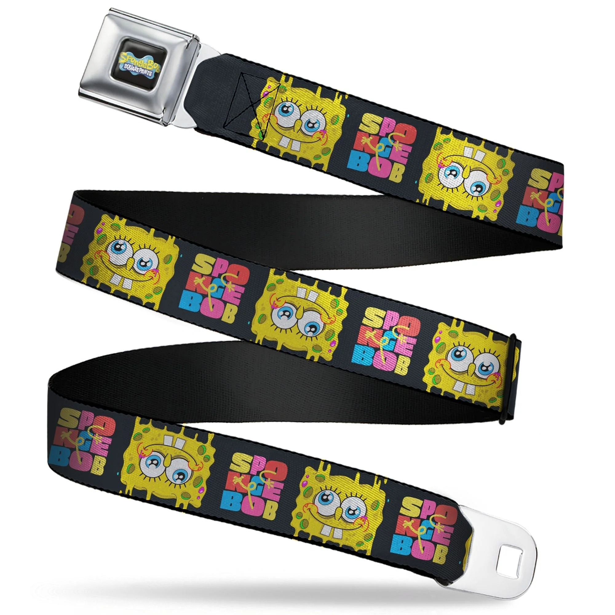 SpongeBob SquarePants Seatbelt Belt Logo Full Color Text Block and Smiling Face Buckle-Down Black/Multi Color