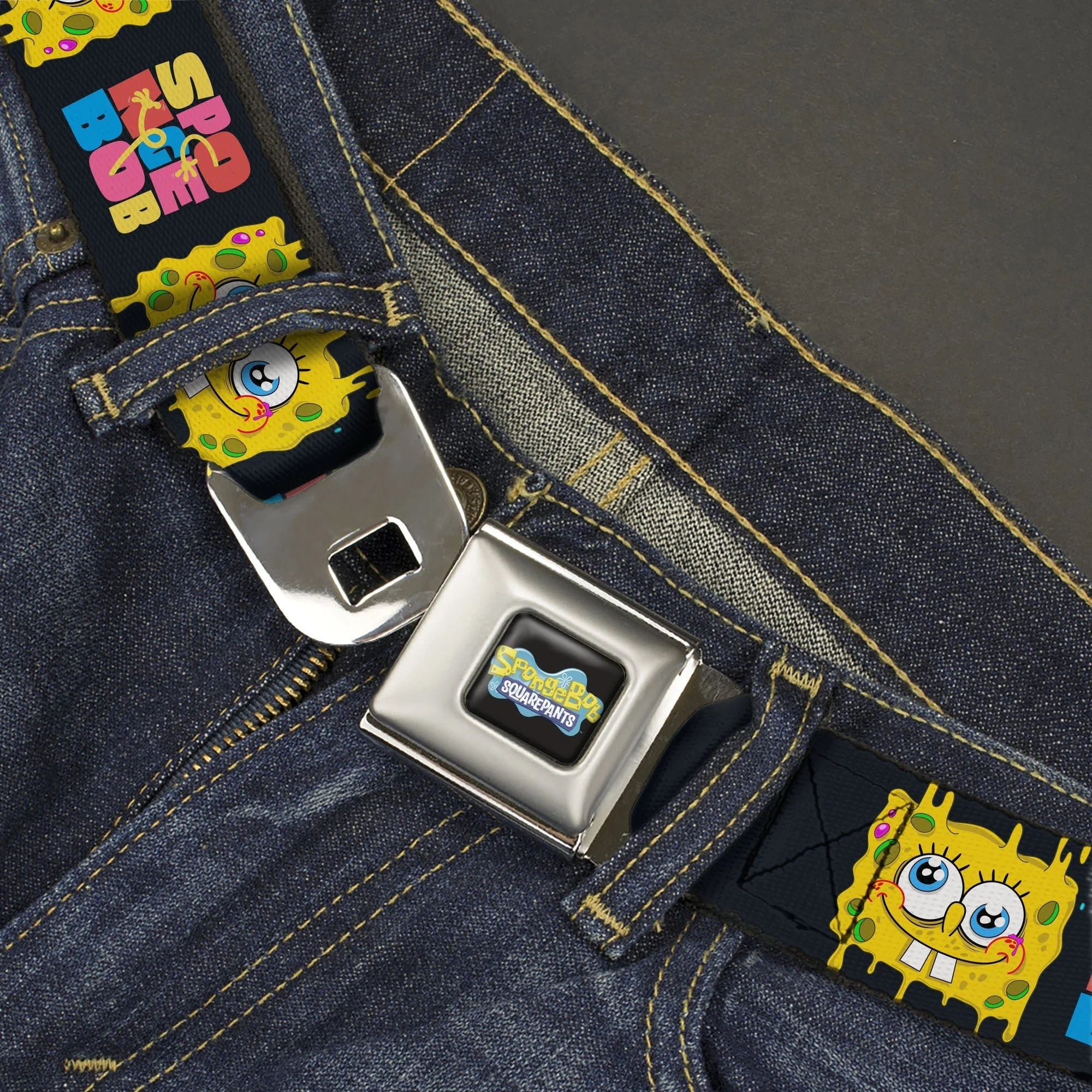 SpongeBob SquarePants Seatbelt Belt Logo Full Color Text Block and Smiling Face Buckle-Down Black/Multi Color - Image 2