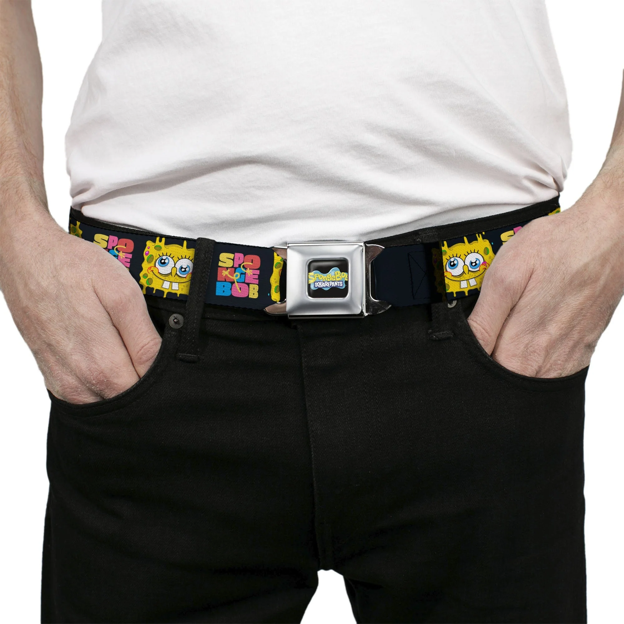 SpongeBob SquarePants Seatbelt Belt Logo Full Color Text Block and Smiling Face Buckle-Down Black/Multi Color - Image 3
