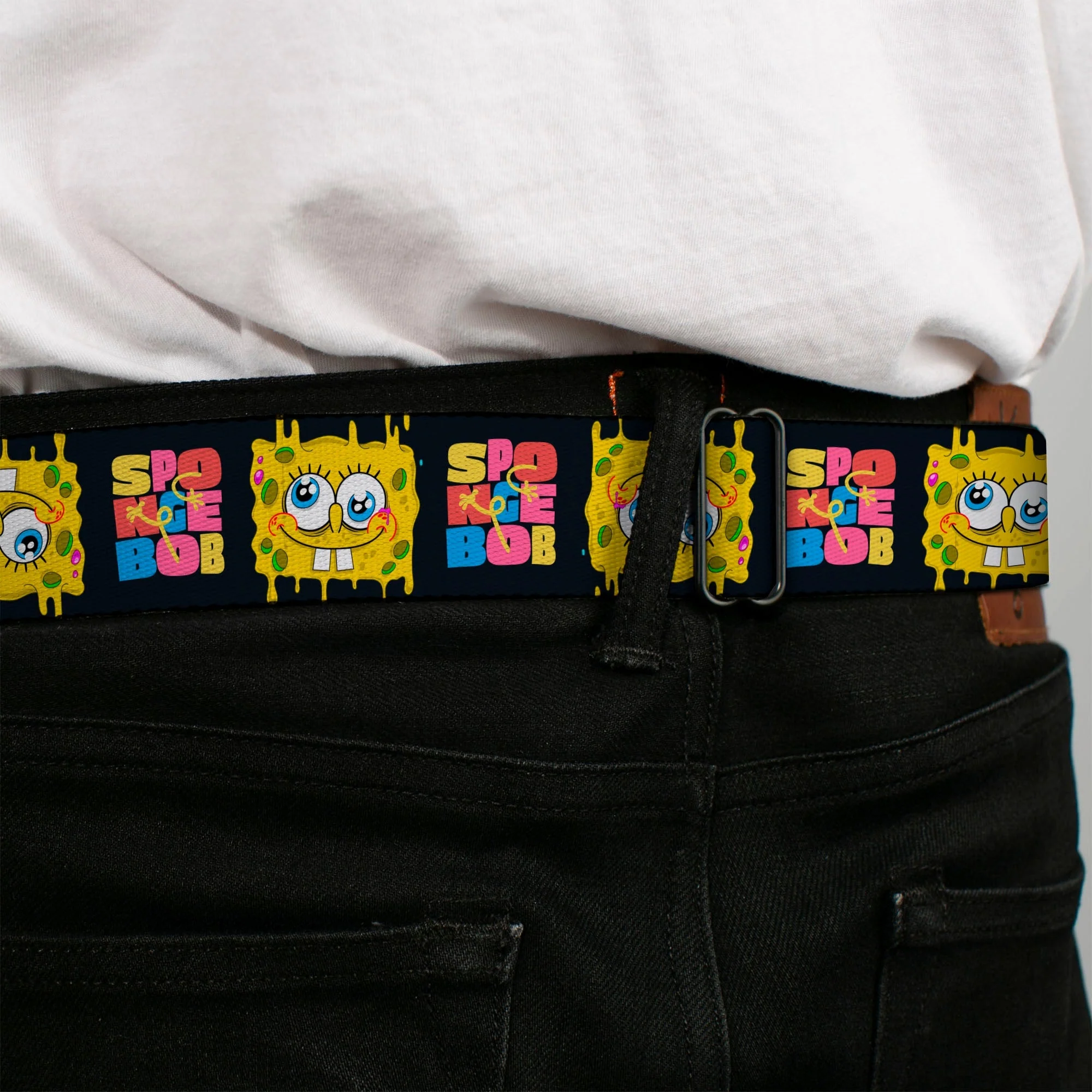 SpongeBob SquarePants Seatbelt Belt Logo Full Color Text Block and Smiling Face Buckle-Down Black/Multi Color - Image 4