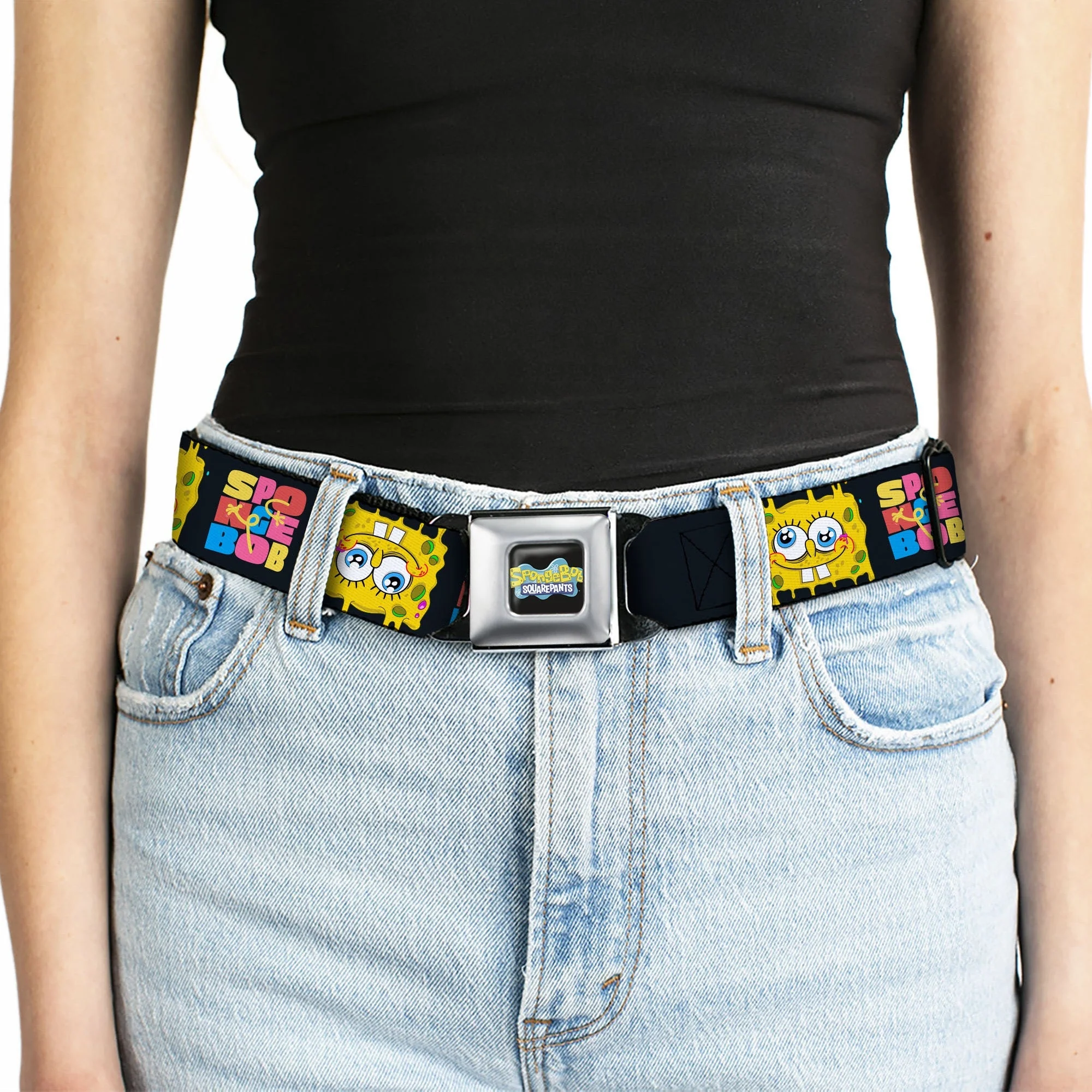 SpongeBob SquarePants Seatbelt Belt Logo Full Color Text Block and Smiling Face Buckle-Down Black/Multi Color - Image 5