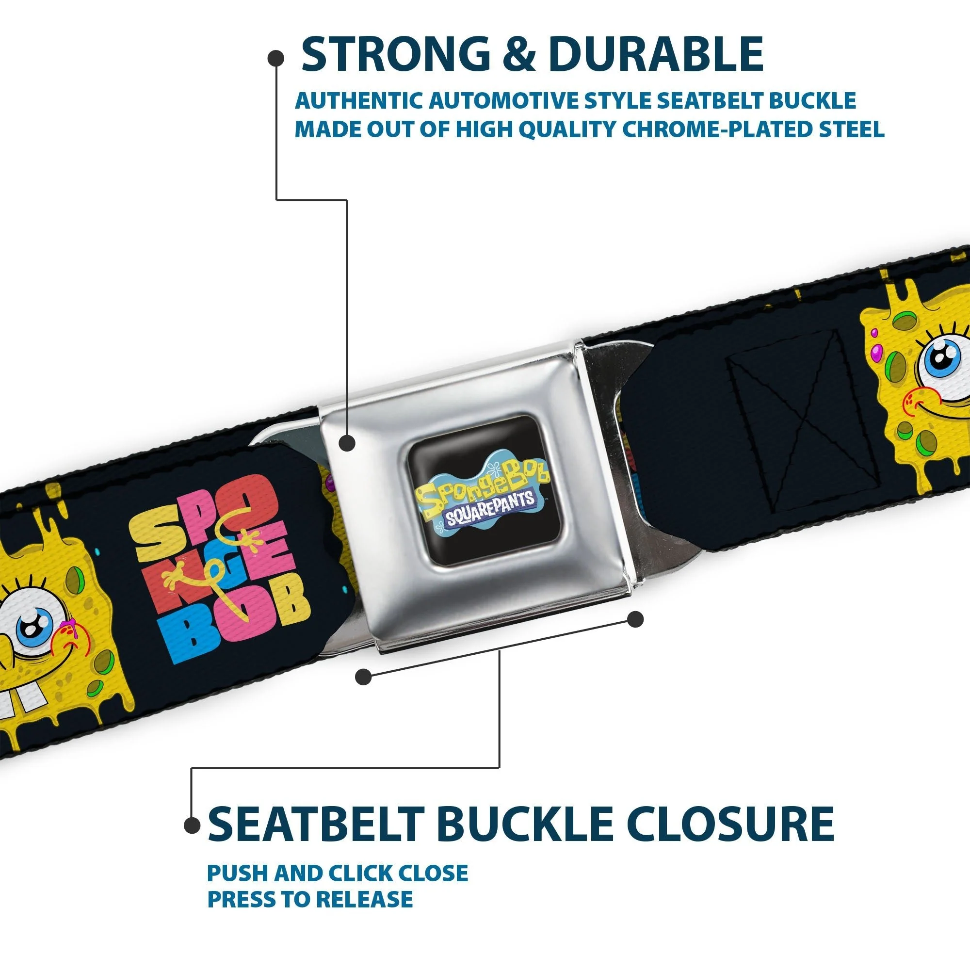 SpongeBob SquarePants Seatbelt Belt Logo Full Color Text Block and Smiling Face Buckle-Down Black/Multi Color - Image 7