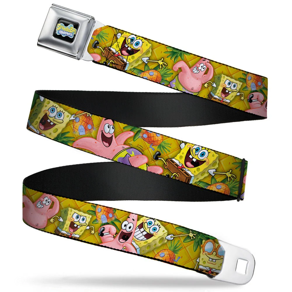 SpongeBob SquarePants Seatbelt Belt Logo Design with SpongeBob & Patrick Poses Gold Webbing Black