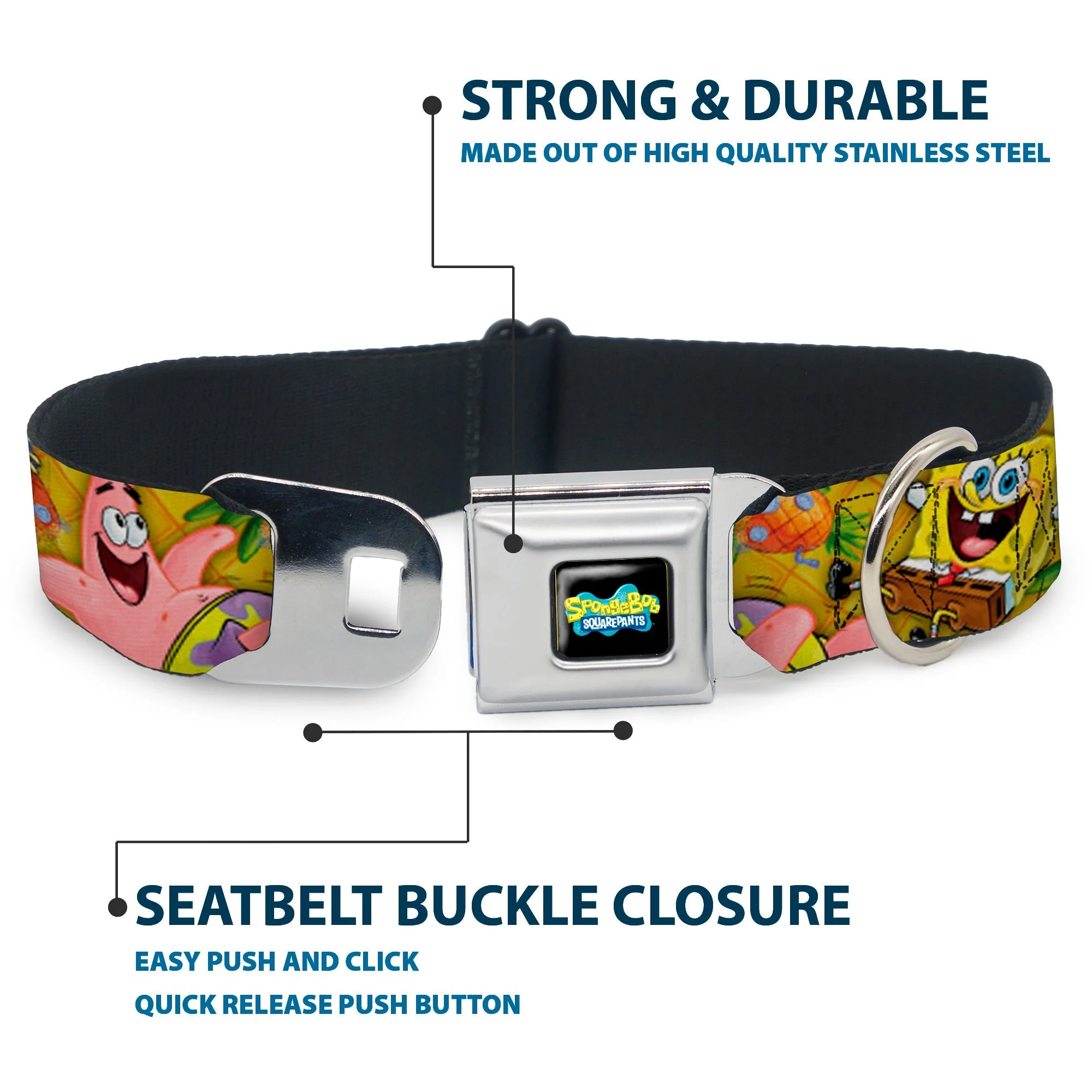 SpongeBob SquarePants Dog Collar Full Color SpongeBob & Patrick Poses Seatbelt Buckle Black - Image 4
