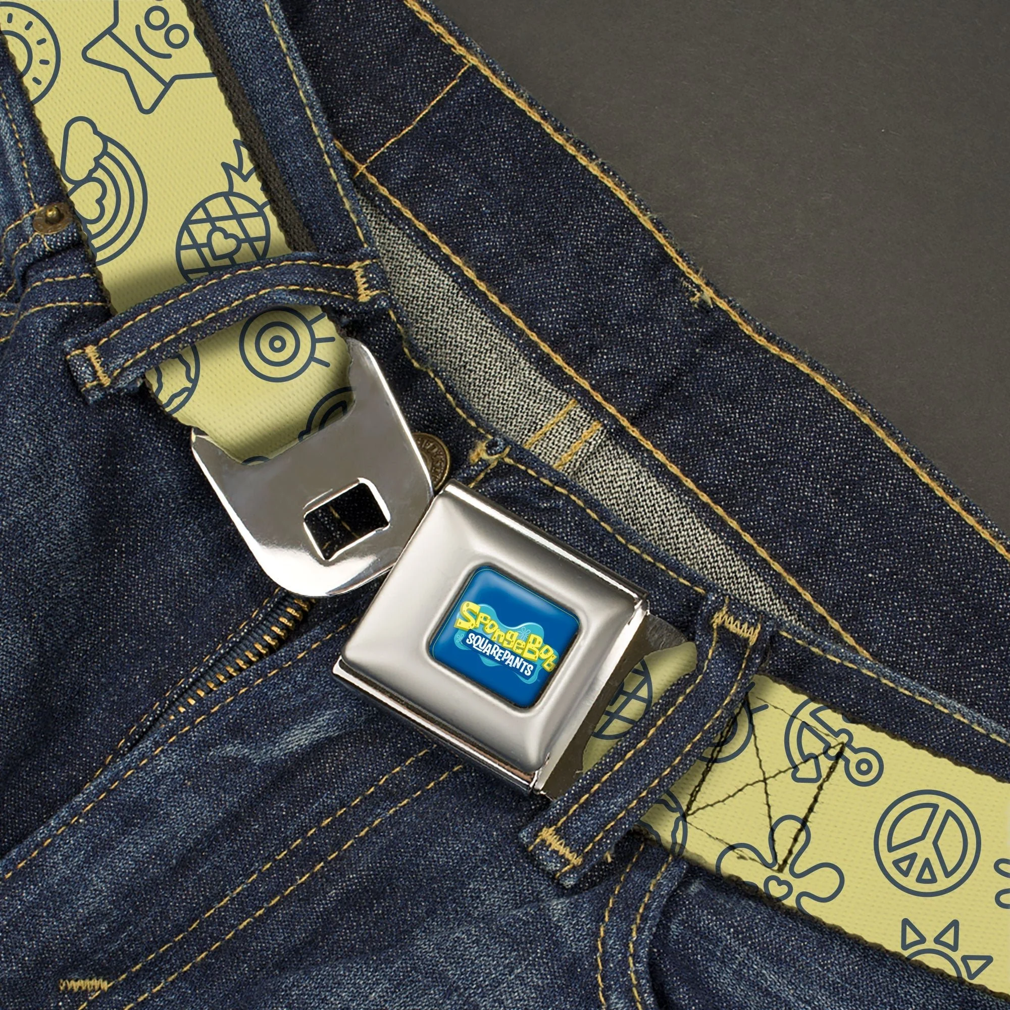 SpongeBob SquarePants Seatbelt Belt Friends Line Art Collage Yellow Gray - Image 2