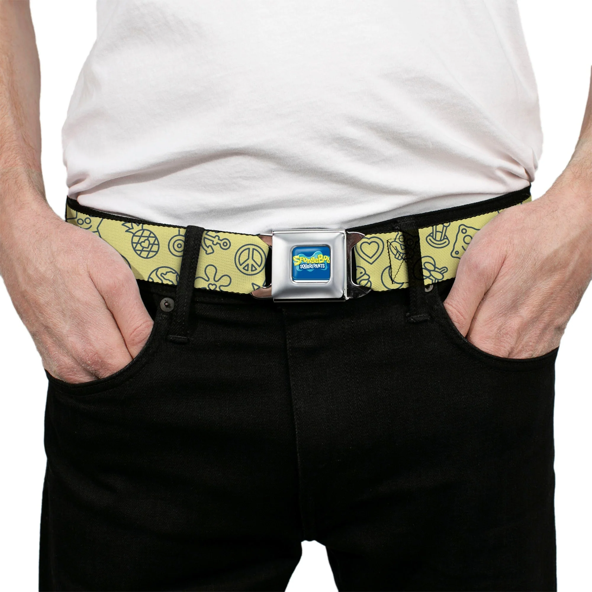 SpongeBob SquarePants Seatbelt Belt Friends Line Art Collage Yellow Gray - Image 3