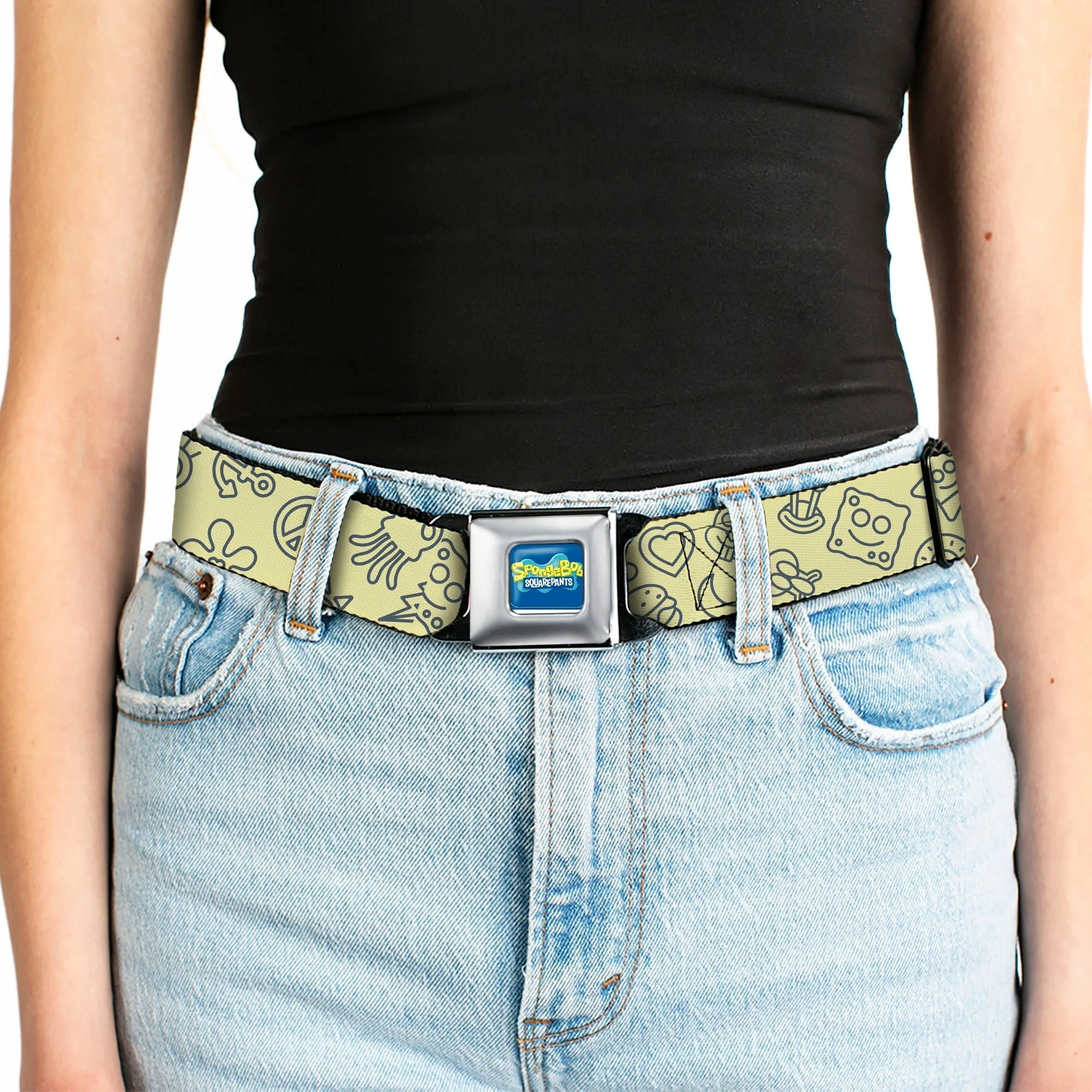SpongeBob SquarePants Seatbelt Belt Friends Line Art Collage Yellow Gray - Image 5
