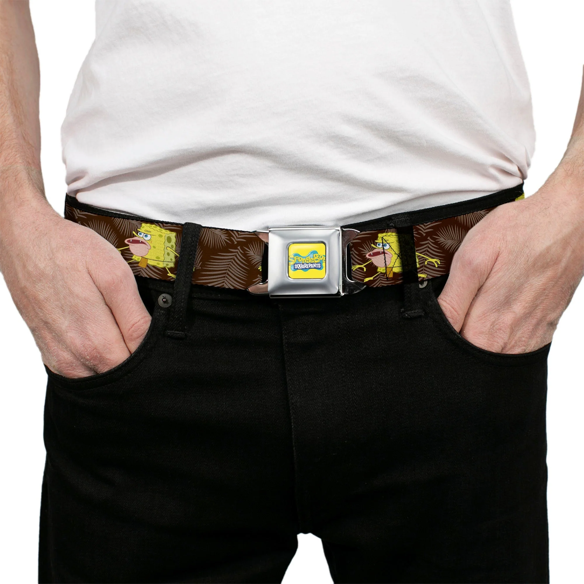 SpongeBob SquarePants Seatbelt Belt Logo Full Color Primitive Pose Black Gray Webbing - Image 3
