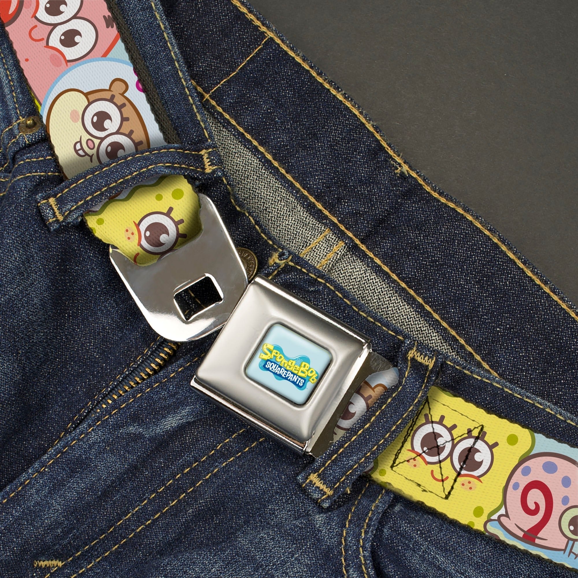 SpongeBob SquarePants Seatbelt Belt Title Logo & Friends Faces Full Color Light Blue Webbing - Image 2