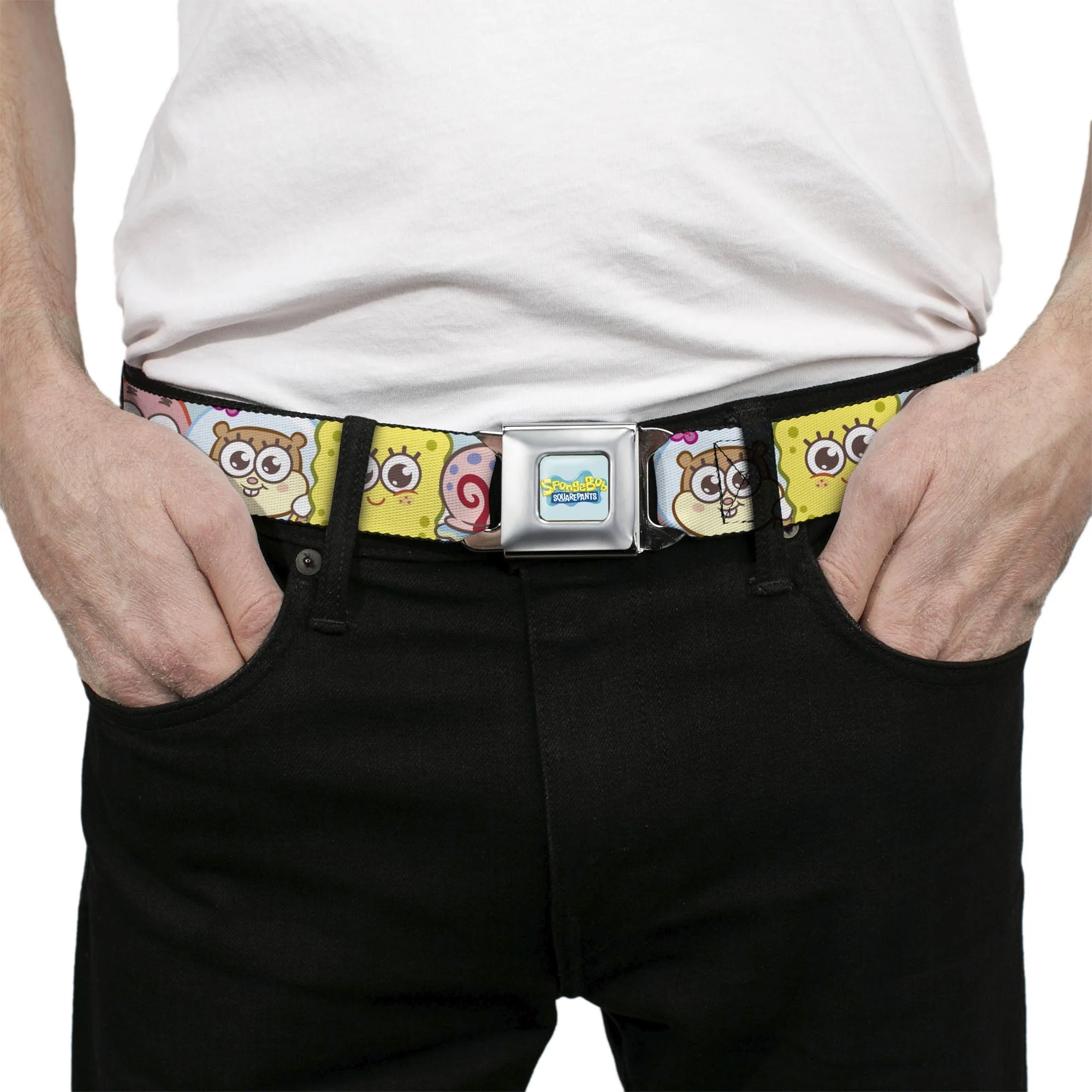 SpongeBob SquarePants Seatbelt Belt Title Logo & Friends Faces Full Color Light Blue Webbing - Image 3