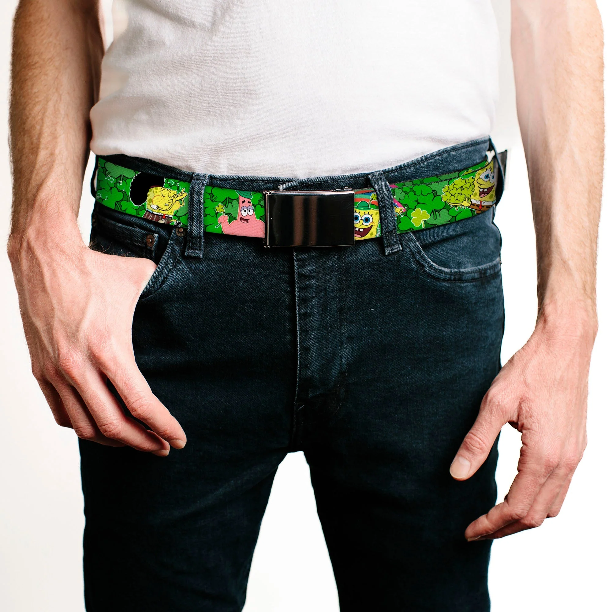 SpongeBob SquarePants & Patrick Starfish Web Belt St. Patrick's Day Poses Chrome Buckle - Image 2